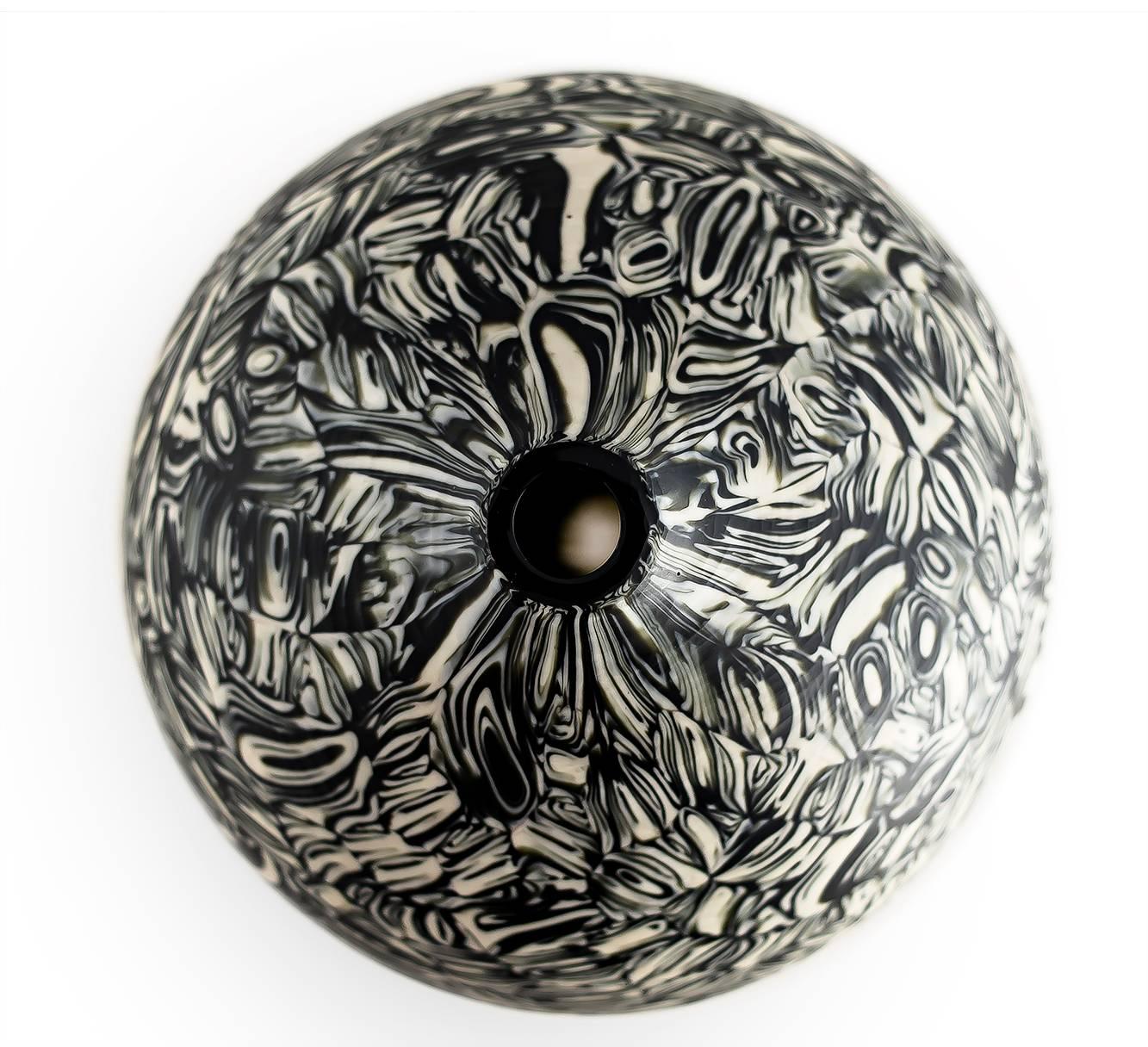 American Velato Strata Murrine Bronze Ivory Low Round Vase, Handblown Glass - In Stock