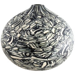 Velato Strata Murrine Bronze Ivory Low Round Vase, Handblown Glass - In Stock