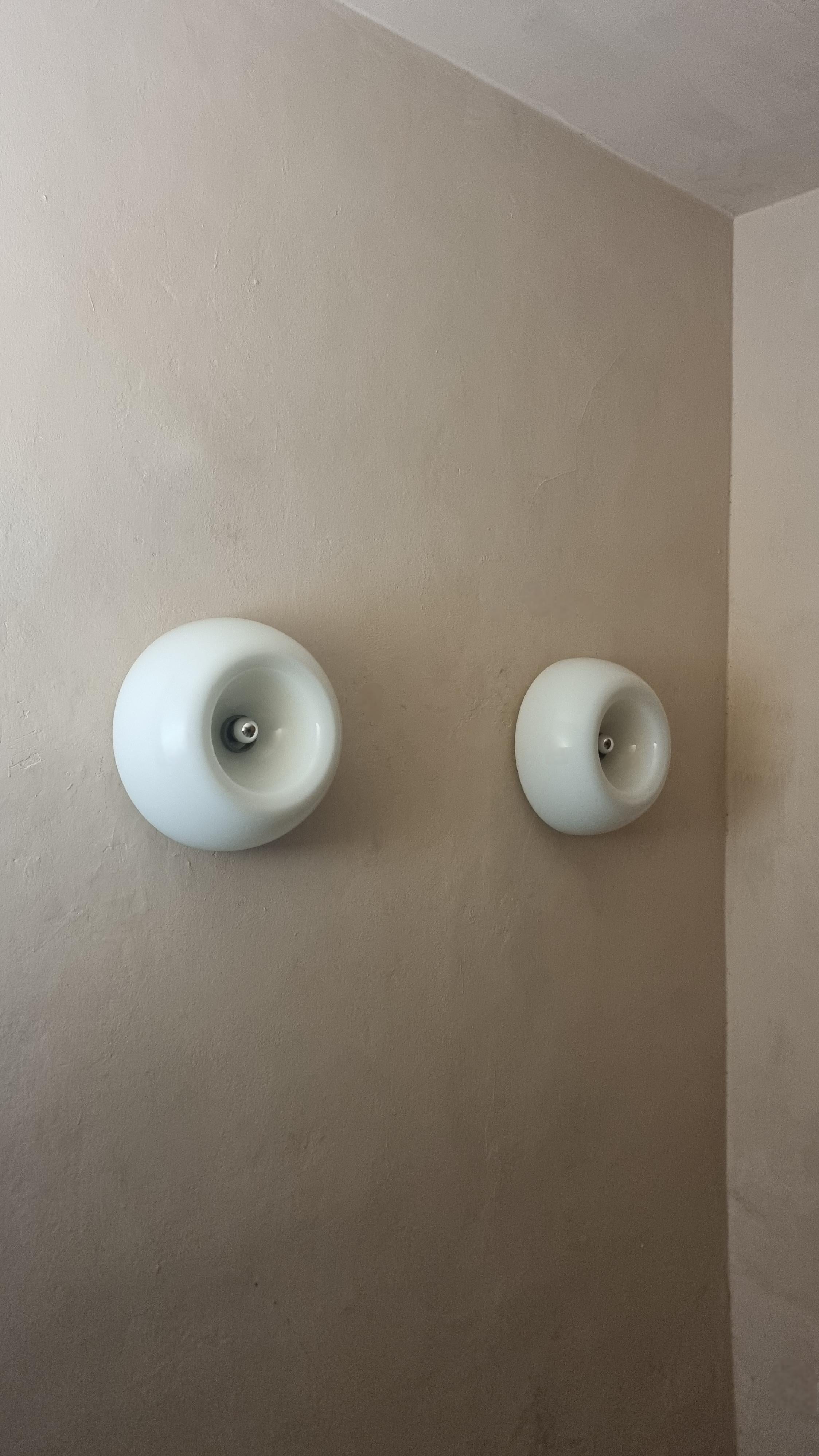 Wall or ceiling lamps  velella mod. designed by Achille and Pier Giacomo Castiglioni for Flos, 1967.

White opaline glass shade, painted metal stand, first production in excellent condition, 2 light points, neon and chrome incandescent bulb.
The