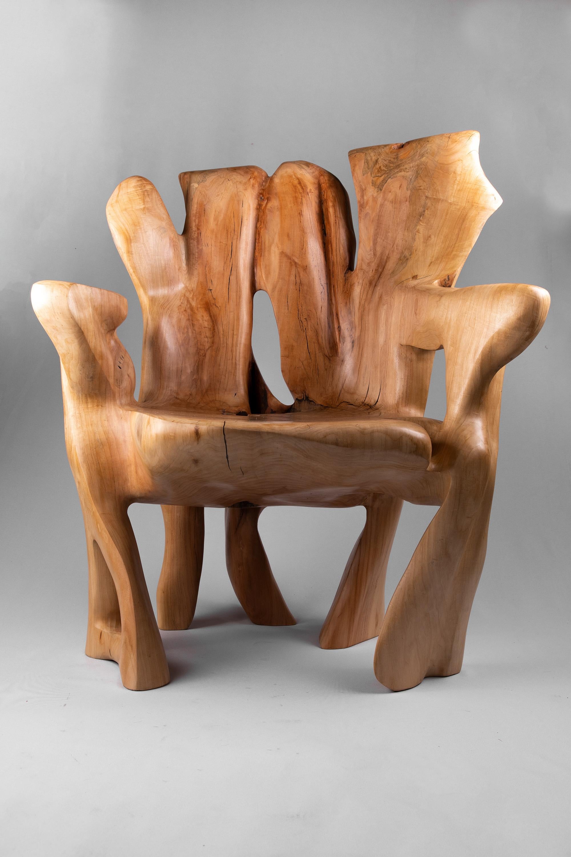 Unique functional sculpture carved from a single piece of wood in the shape of an armchair. Each piece in our production is carved by artists with basic wood carving power tools. Every chair is made as unique as it can be, with dedication to each
