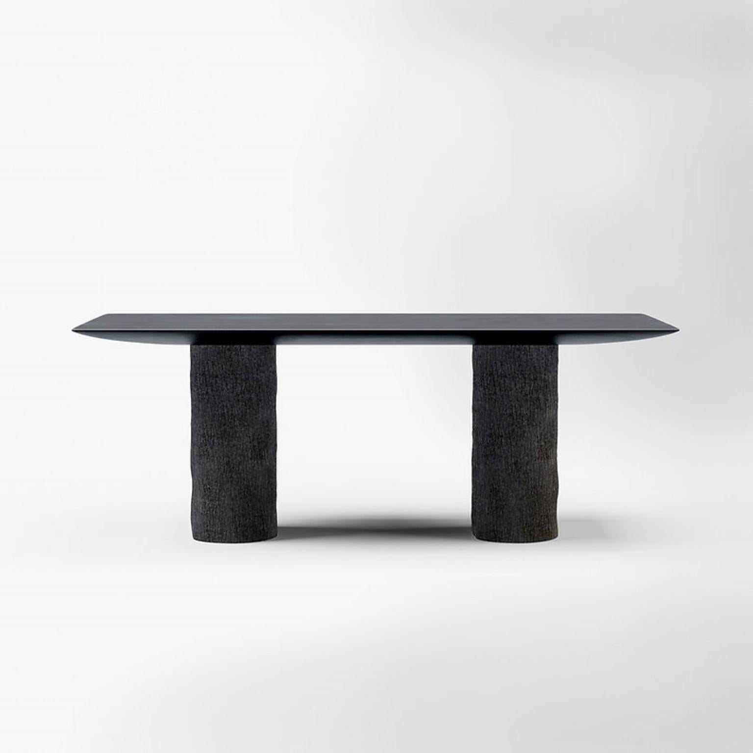 Veleten table by Faina.
Design: Victoriya Yakusha.
Materials: table top, wood, foot, ceramics / wood.
Dimensions: D 100 x L 200 x H 75 cm.

Two hundred kilos of massive clay legs and a solid wood top — when you are at Veleten table, the world