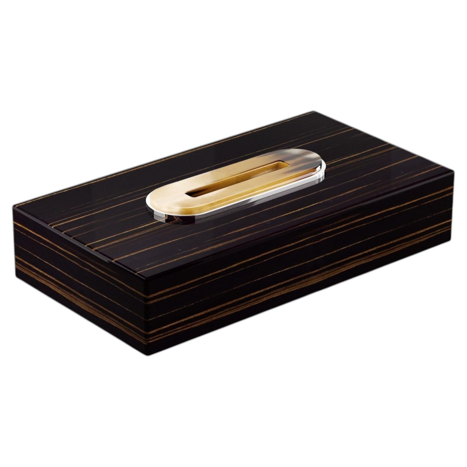 Veletta Tissue Box Holder in Horn, Chromed Brass & Glossy Ebony by Arcahorn