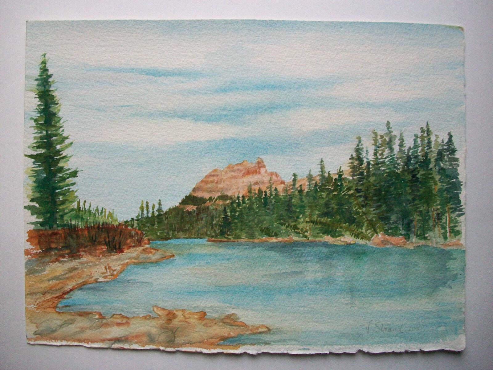 Hand-Painted VELLA STRAND - 'Castle Mountain & Bow River' - Canadian Watercolor - Circa 2000 For Sale