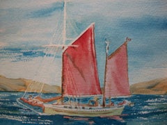 VELLA STRAND - Red Sails on Juan de Fuca Strait - Watercolor - Canada - C. 2000