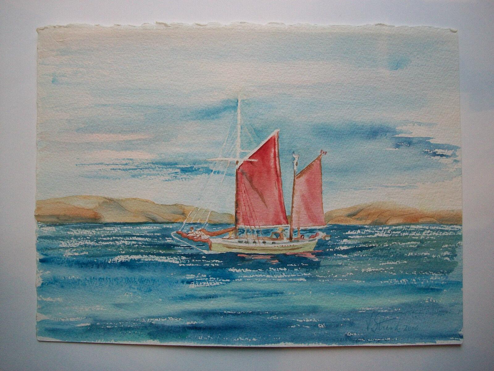Canadian VELLA STRAND - Red Sails on Juan de Fuca Strait - Watercolor - Canada - C. 2000 For Sale