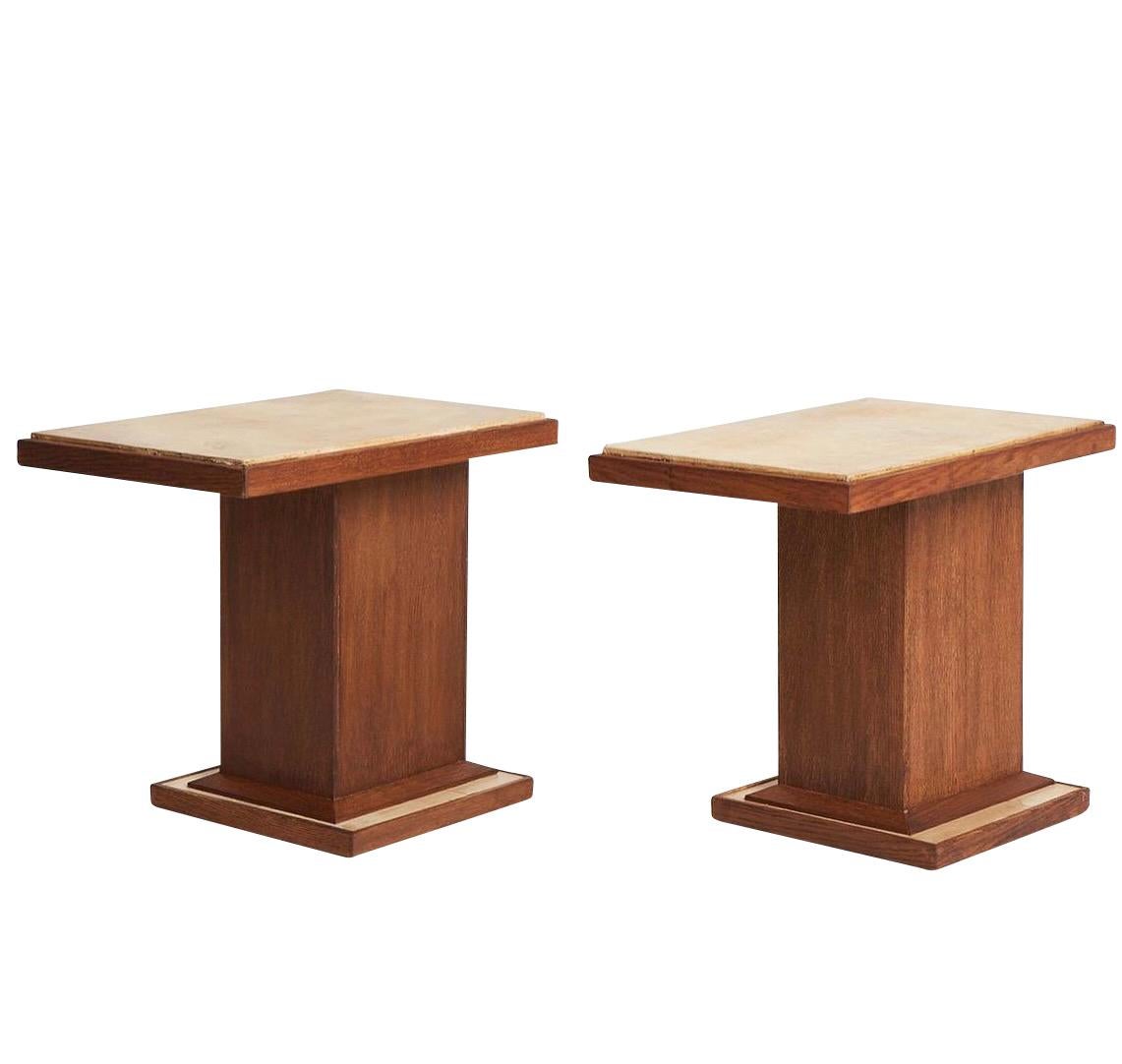 1940s French pair of vellum and oak side tables in the style of Paul - Dupre Lafor.
Can be placed vertically or horizontally.