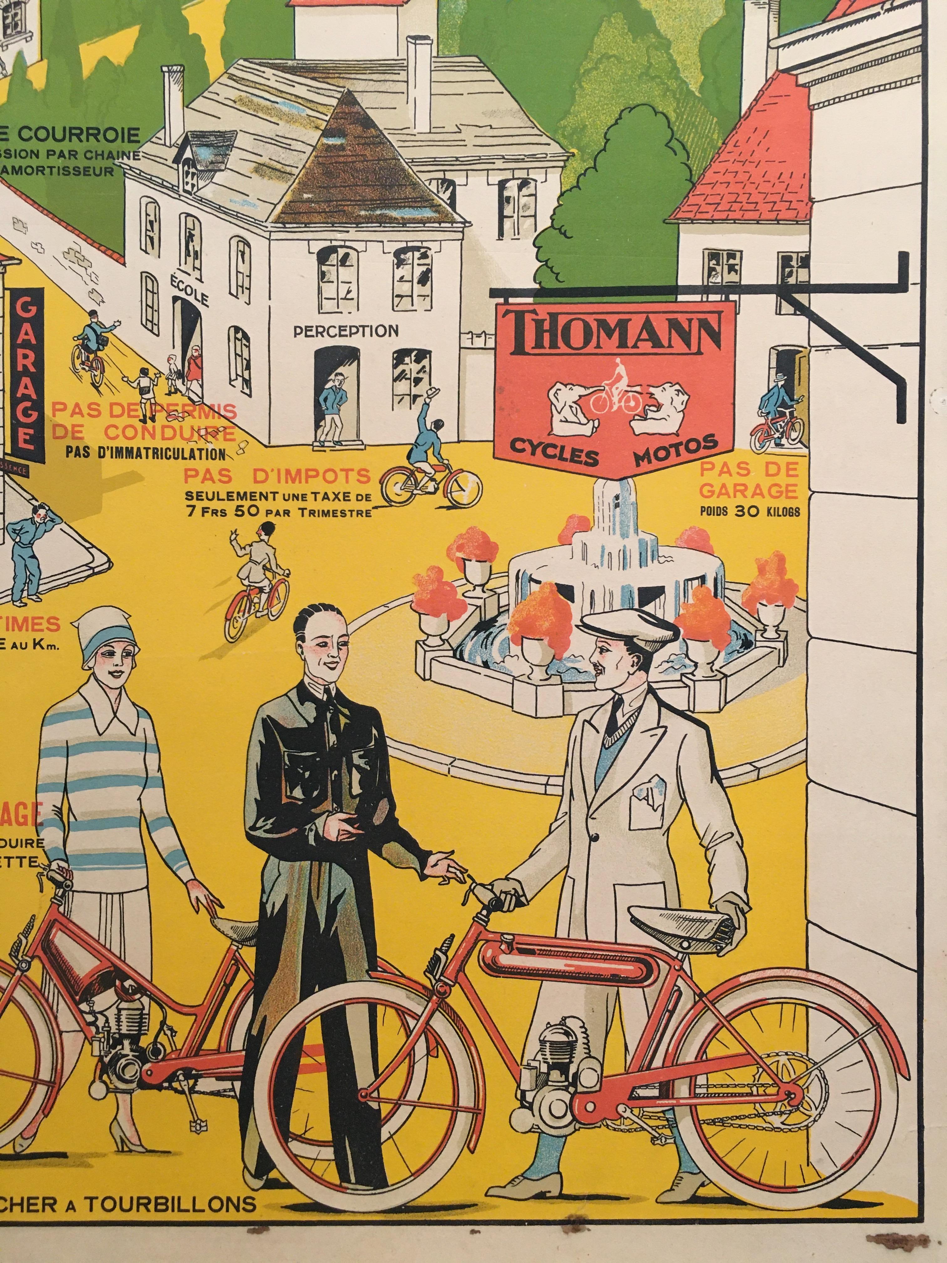 20ième siècle « Velo - Moteur Thomann », affiche de lithographie française d'origine du milieu du 20e siècle en vente
