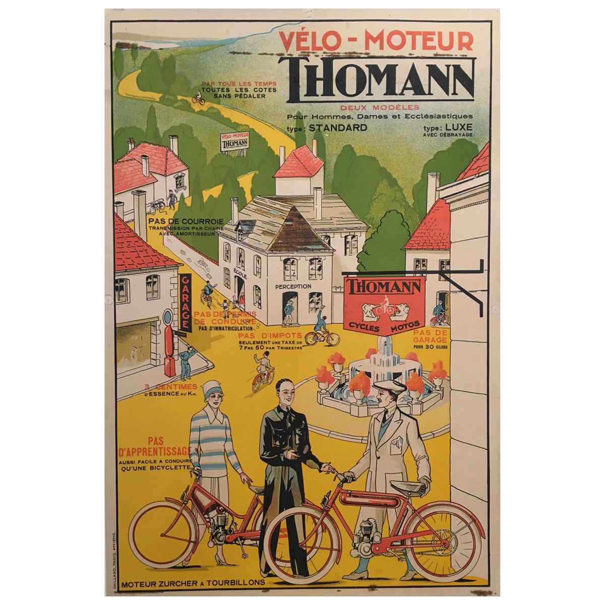 "Velo - Moteur Thomann", Cartel litográfico original francés de mediados del siglo XX