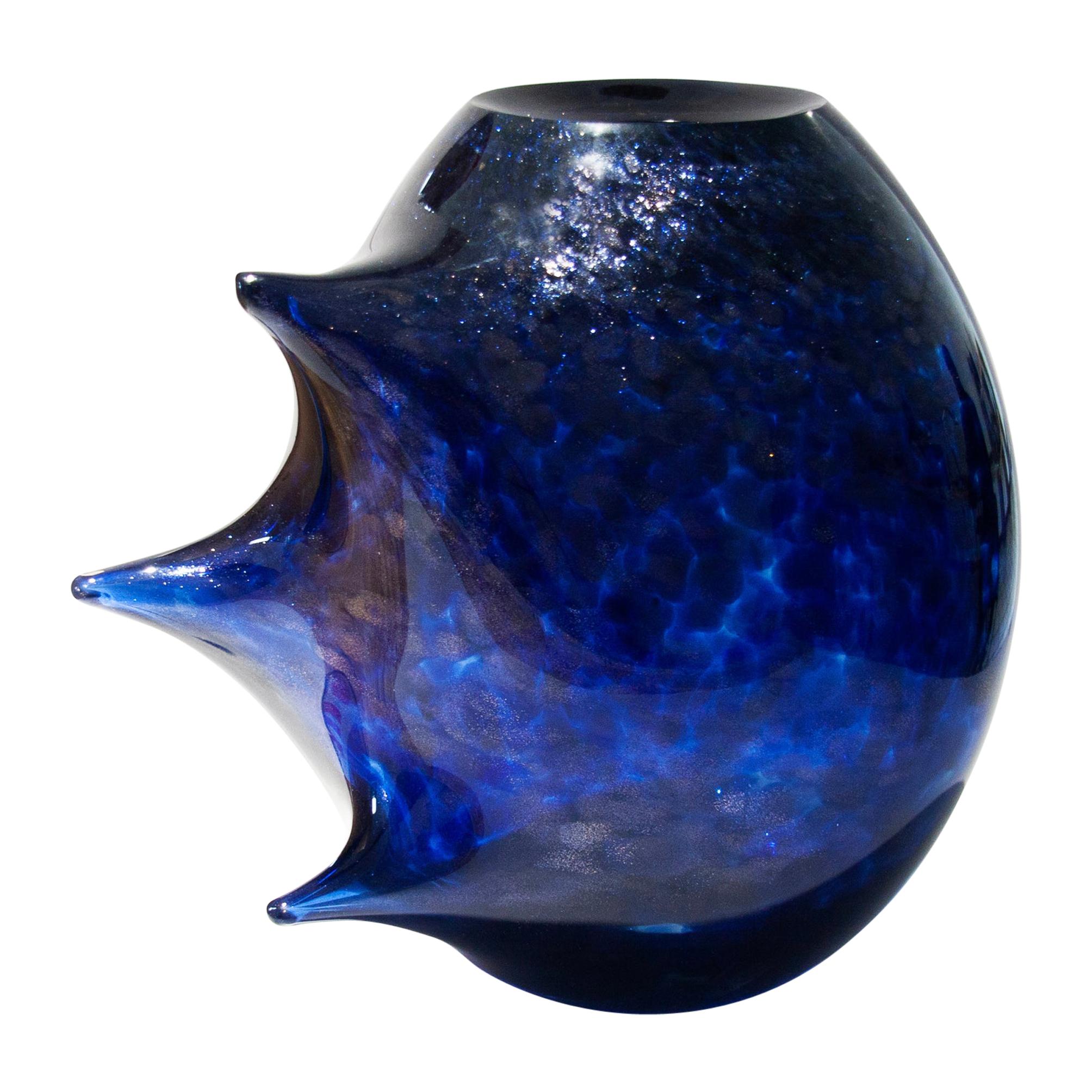 Unique Veloce Contemporary Hand Blown Murano Glass Blue Vase by Ermes Glass For Sale