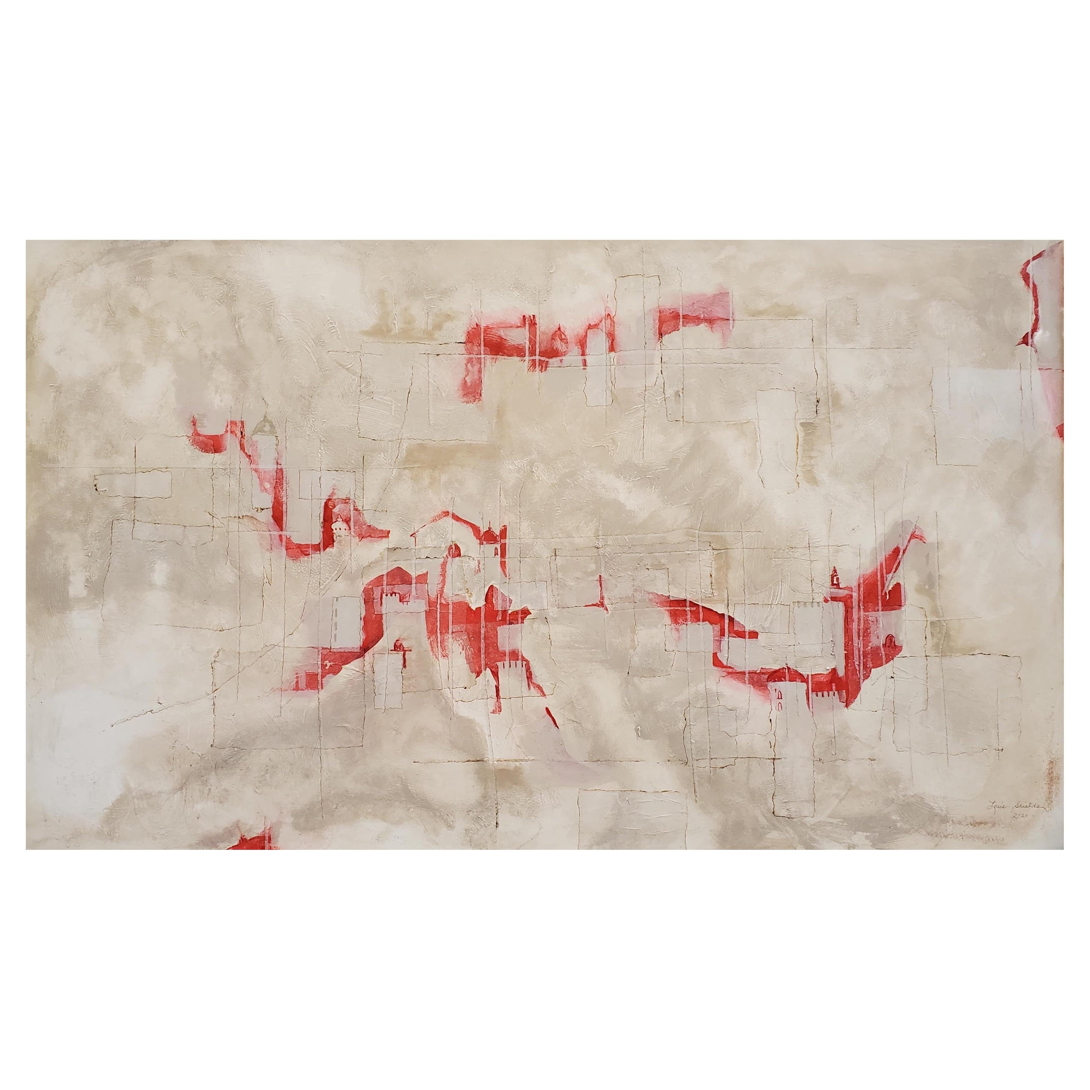 "Velocity" Red, White, and Gray Abstract Mixed Media Painting on Canvas For Sale