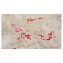 Peinture abstraite technique mixte sur toile « Velocity » rouge, blanche et grise