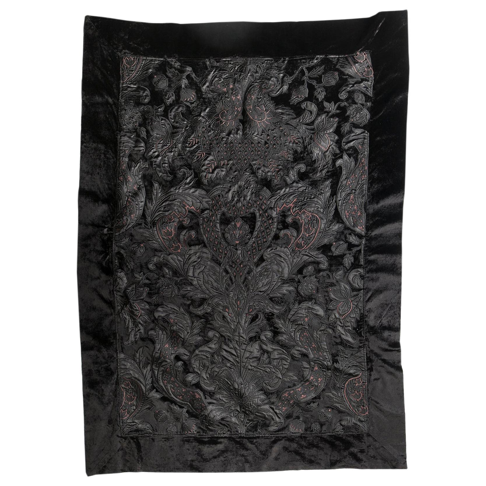 Velour Throw in Black with Black and Copper Satin Appliqué by Zuber For Sale