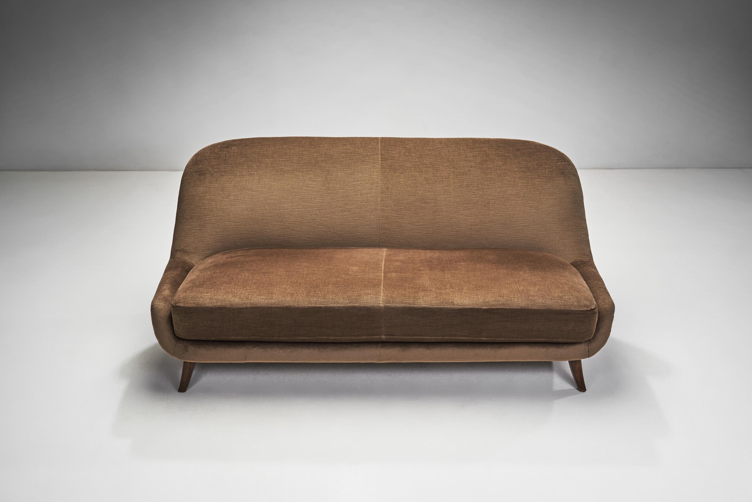 Velour Two-Seater Sofa with Solid Wood Legs, Europe ca 1950s In Good Condition For Sale In Utrecht, NL