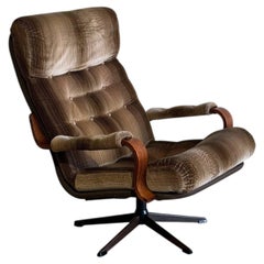 Velour Upholstered Swivel Lounge Chair Danish Mid-Century Modern 1970s