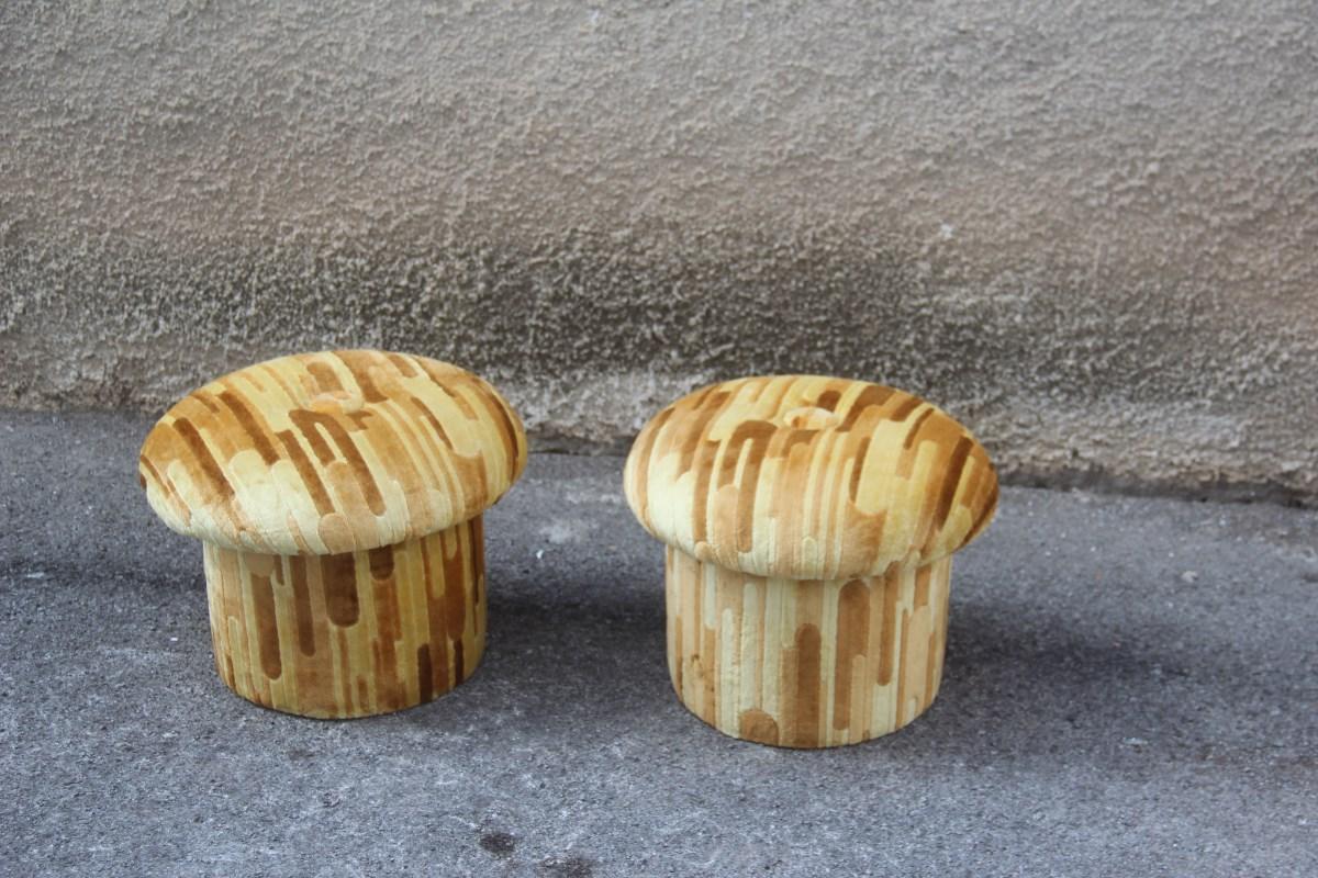 Velvet 1960s mushroom shaped round stools colored Italian design original fabric.