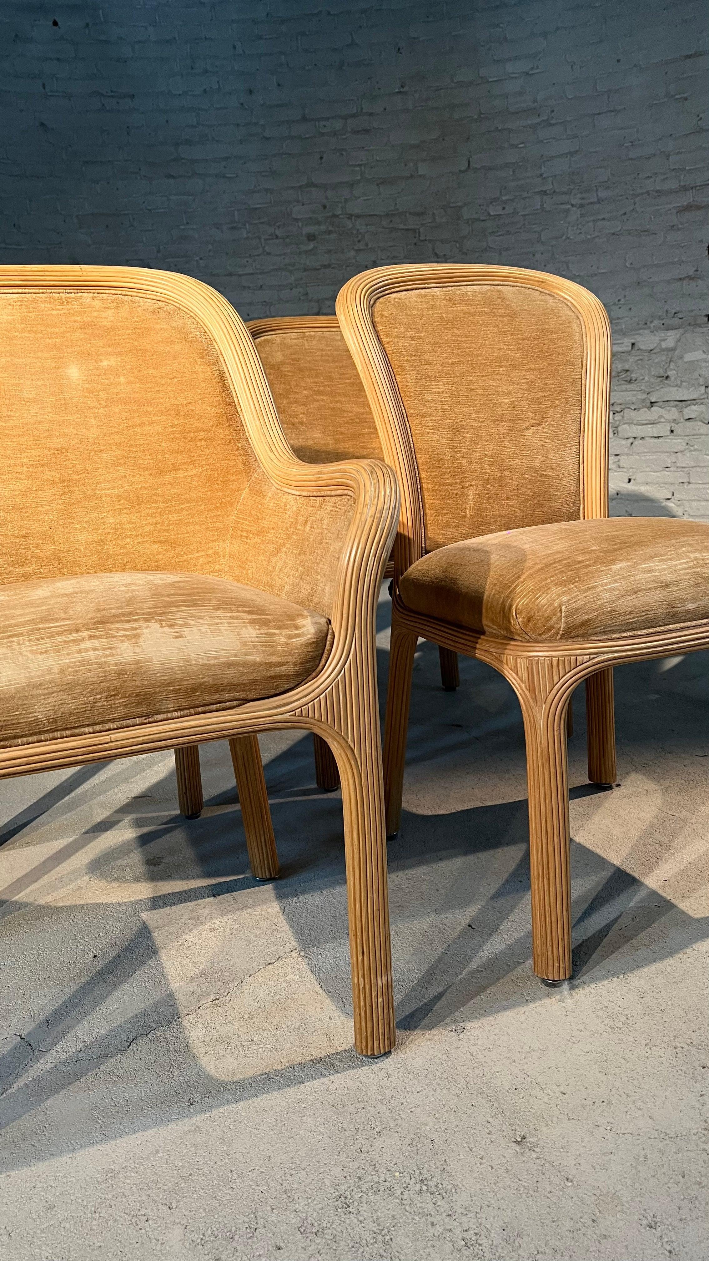 Classy set of 6 Dining chairs in Bamboo structure and original velvet upholstery. Design by German designer Karl Rausch for Baker.

Owing to the company’s collaborations with many leading designers and artists over time, vintage Baker furniture is