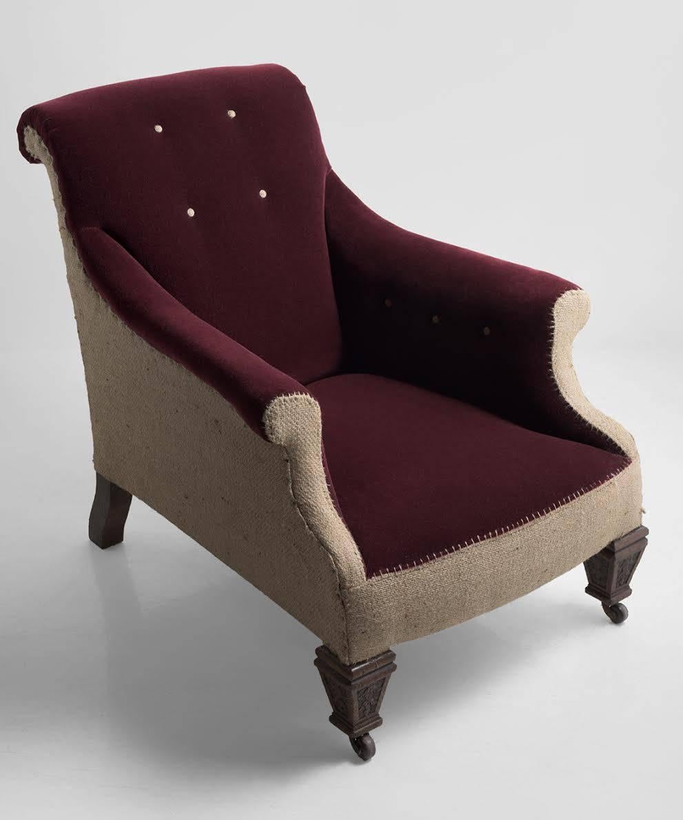 Velvet and Burlap Library Armchair, circa 1890

Generously deep while newly reupholstered in contrasting velvet and burlap.