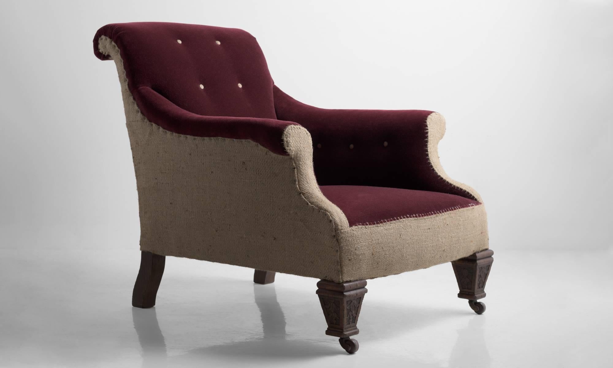 English Velvet and Burlap Library Armchair, circa 1890