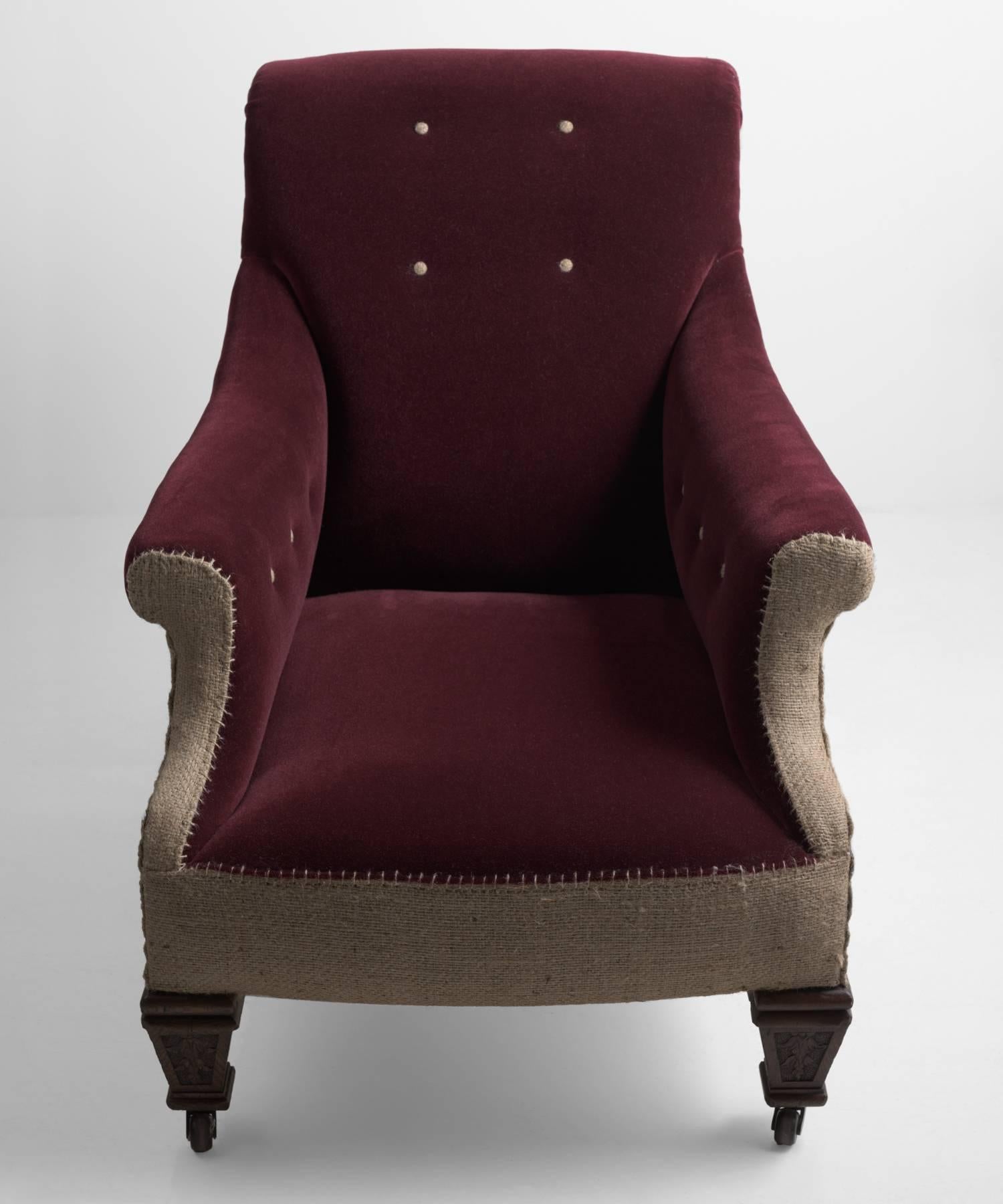 Velvet and Burlap Library Armchair, circa 1890 1