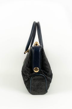 Velvet and Dark Blue Leather Bag