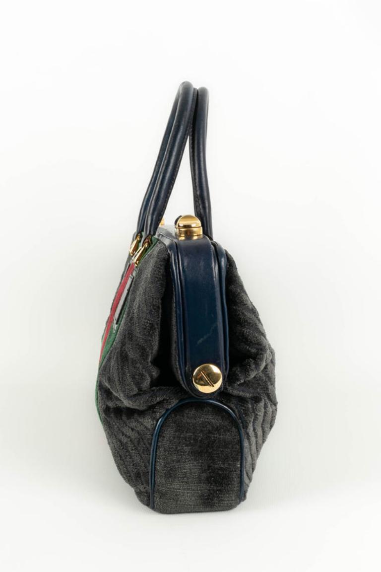 Women's Velvet and Dark Blue Leather Bag For Sale