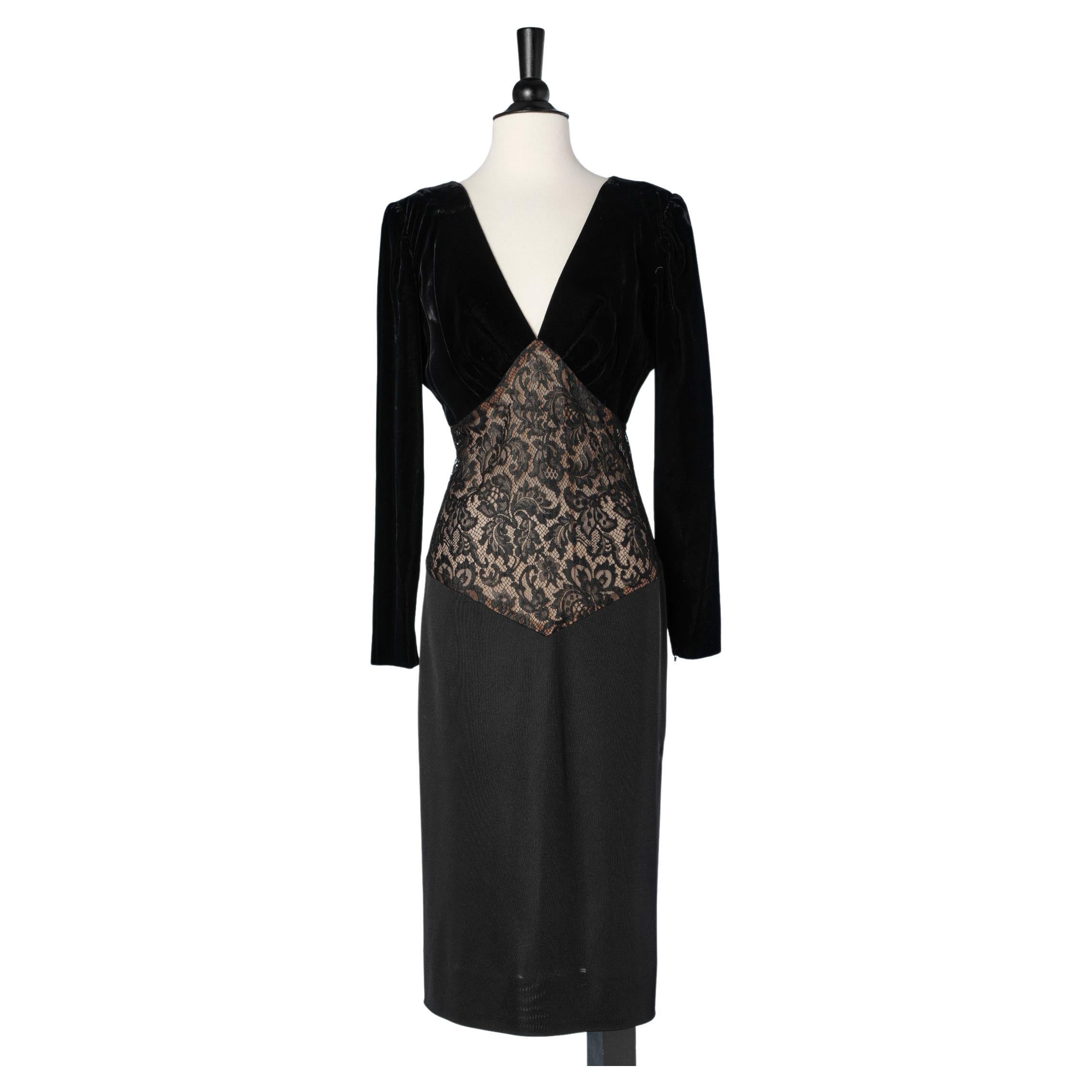 Velvet and lace black evening dress Yves Saint Laurent Rive Gauche 