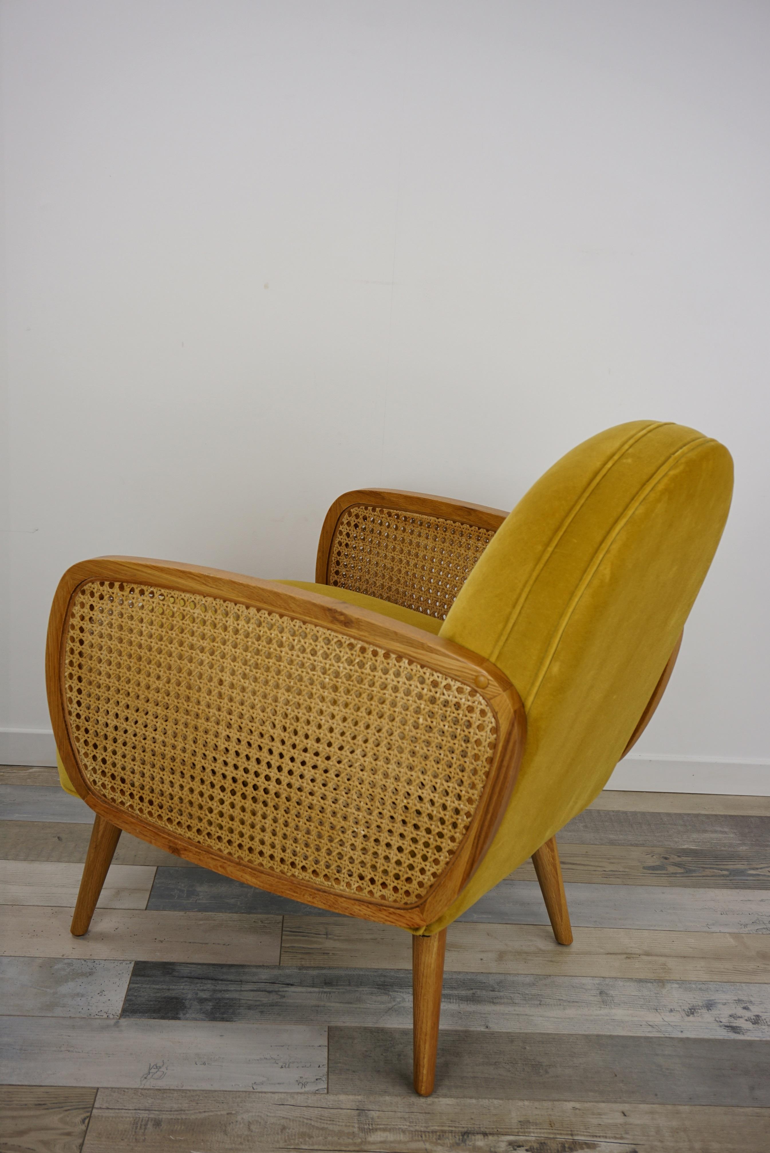 Velvet and Oak Wooden Pair of Easy Armchairs 4