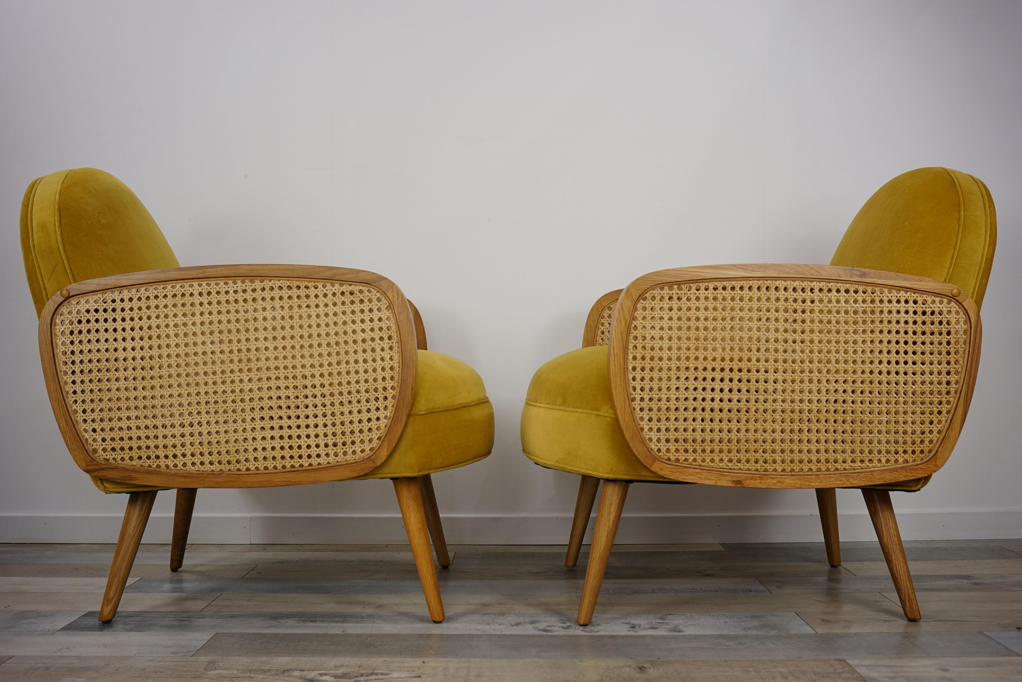 Velvet and Oak Wooden Pair of Easy Armchairs 11