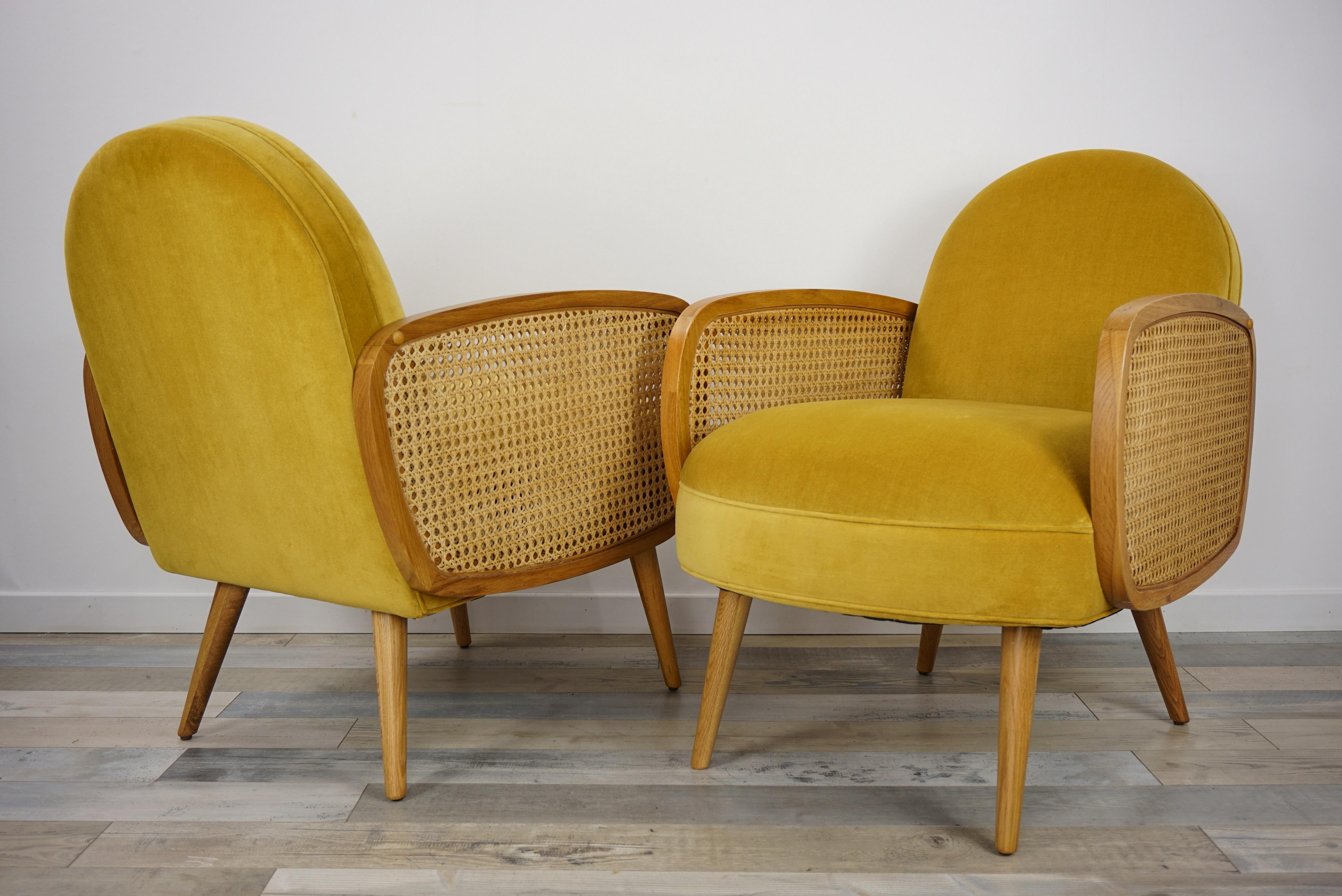 Velvet and Oak Wooden Pair of Easy Armchairs 12