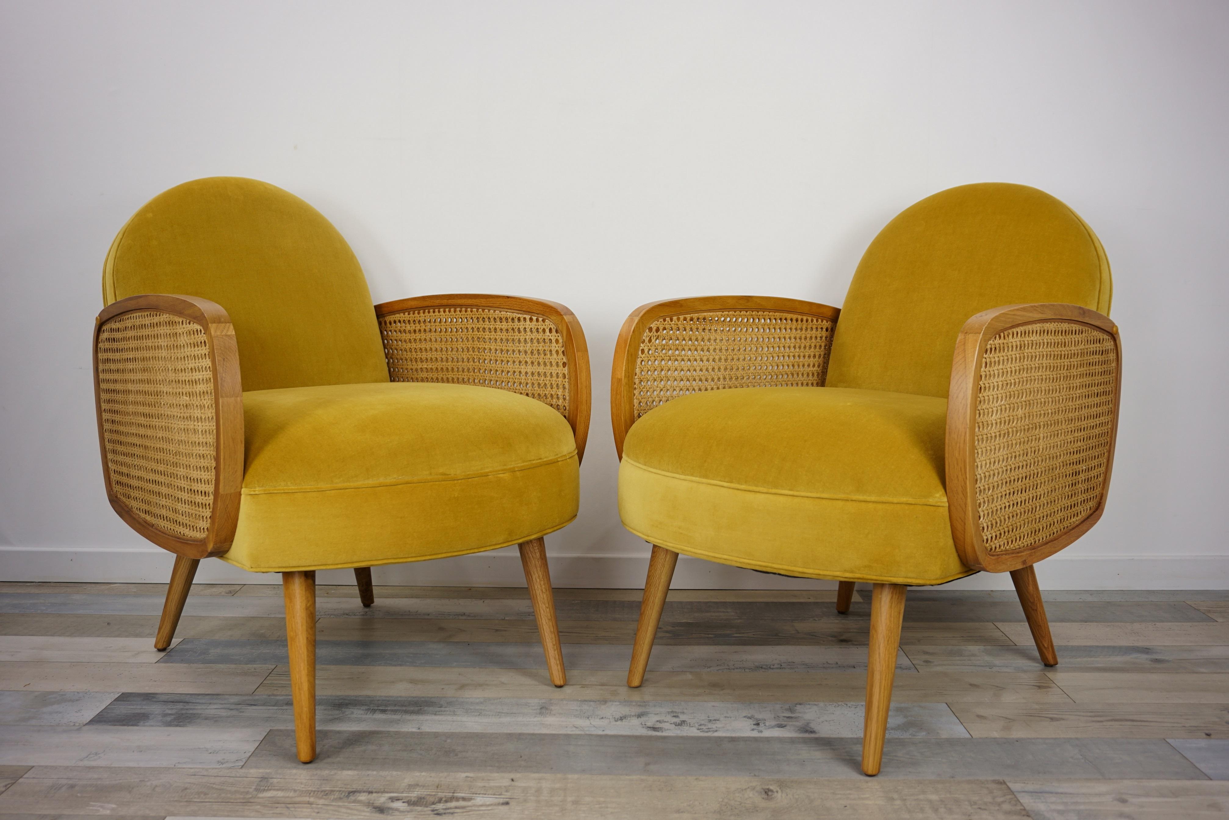 Velvet and Oak Wooden Pair of Easy Armchairs 14