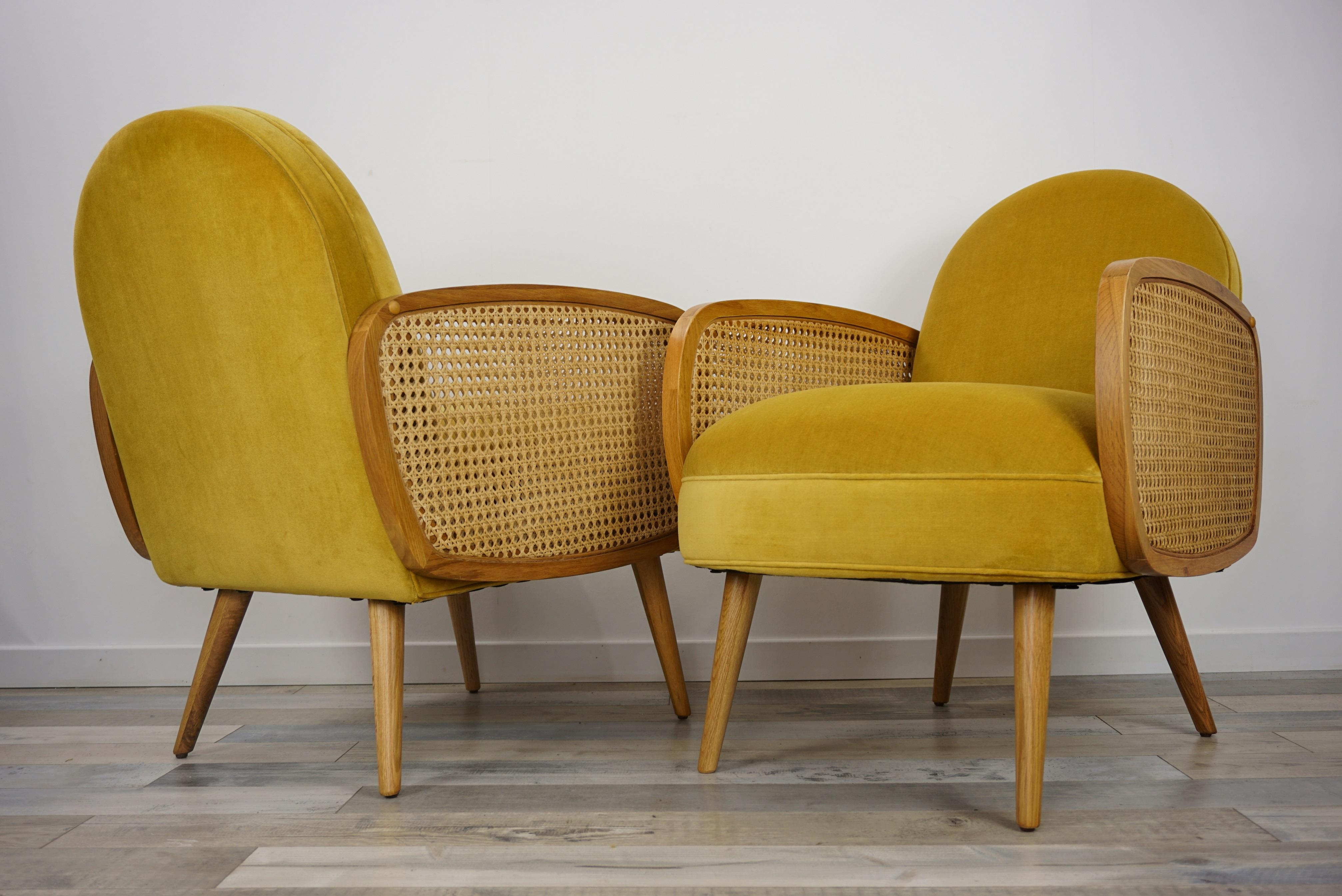 Scandinavian Modern Velvet and Oak Wooden Pair of Easy Armchairs