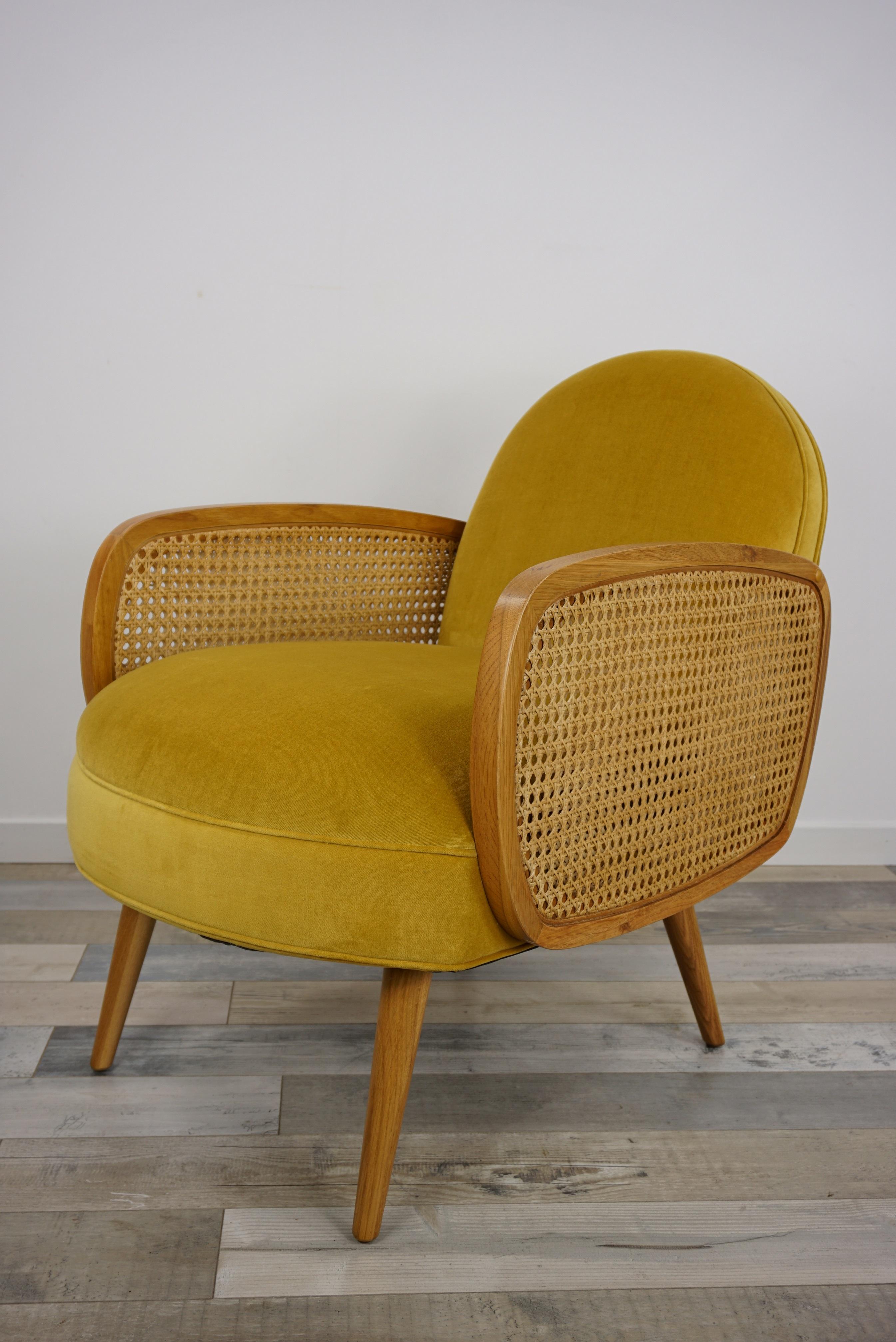 Velvet and Oak Wooden Pair of Easy Armchairs 1