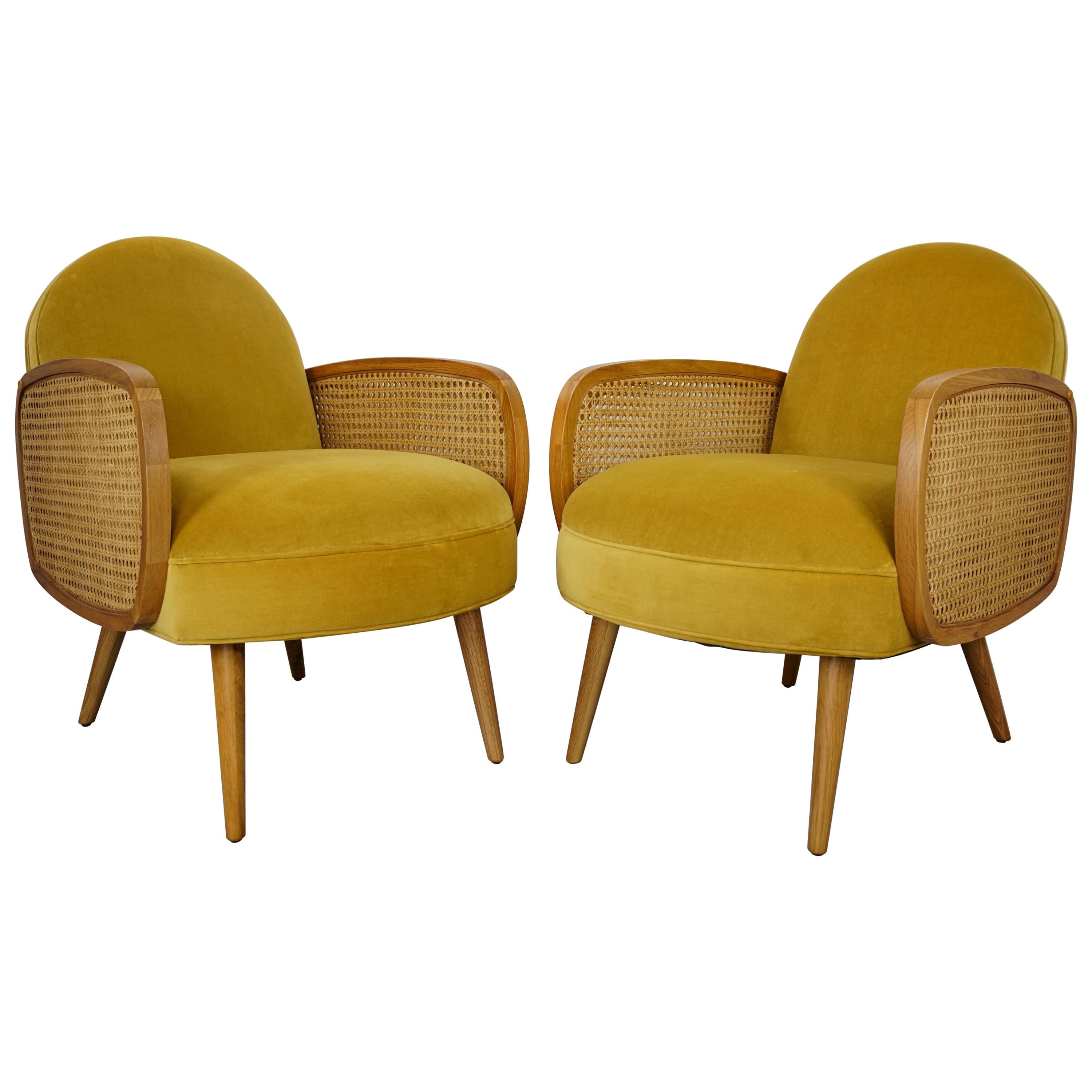 Velvet and Oak Wooden Pair of Easy Armchairs