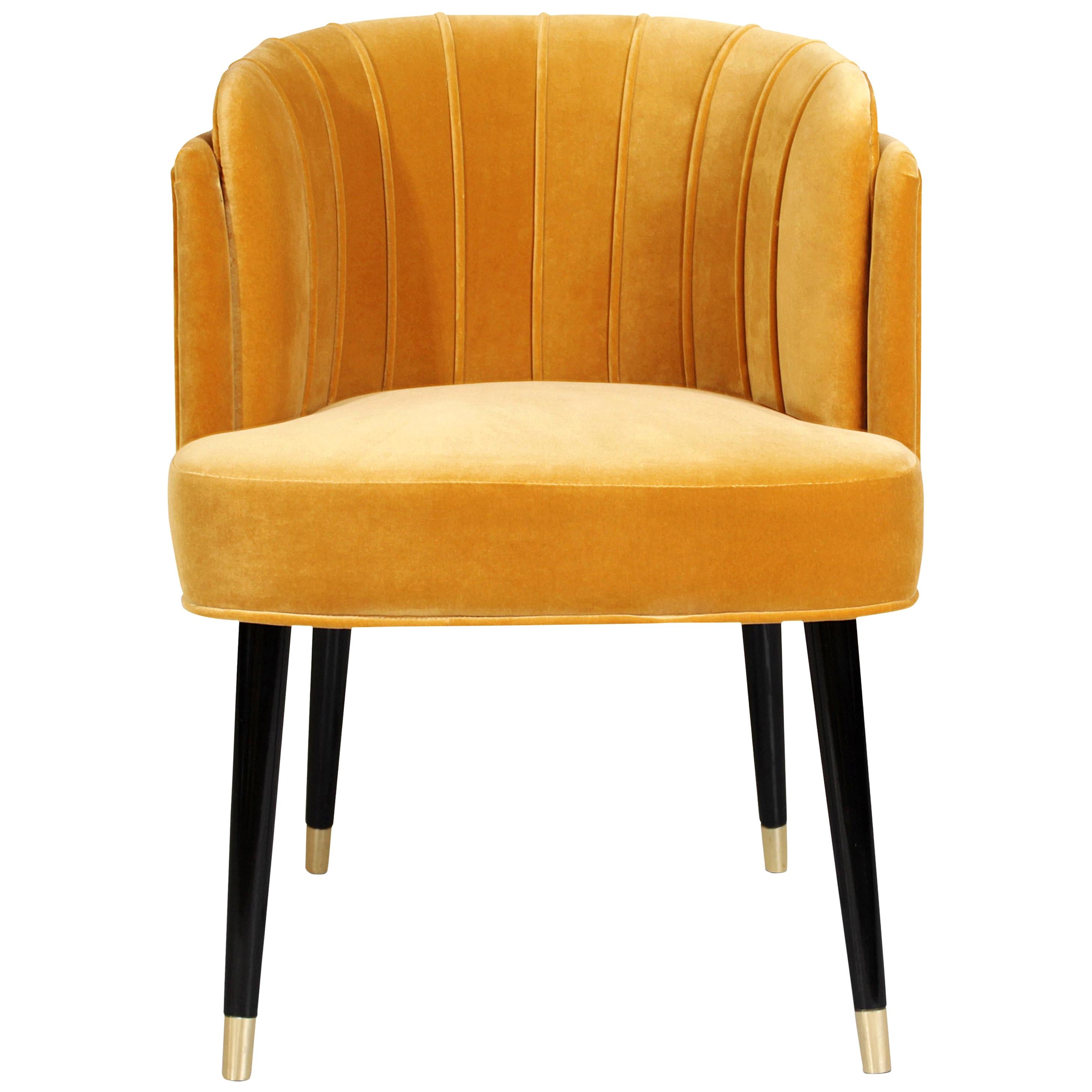 Caron Dining Chair Velvet Walnut Wood Brass For Sale at 1stDibs