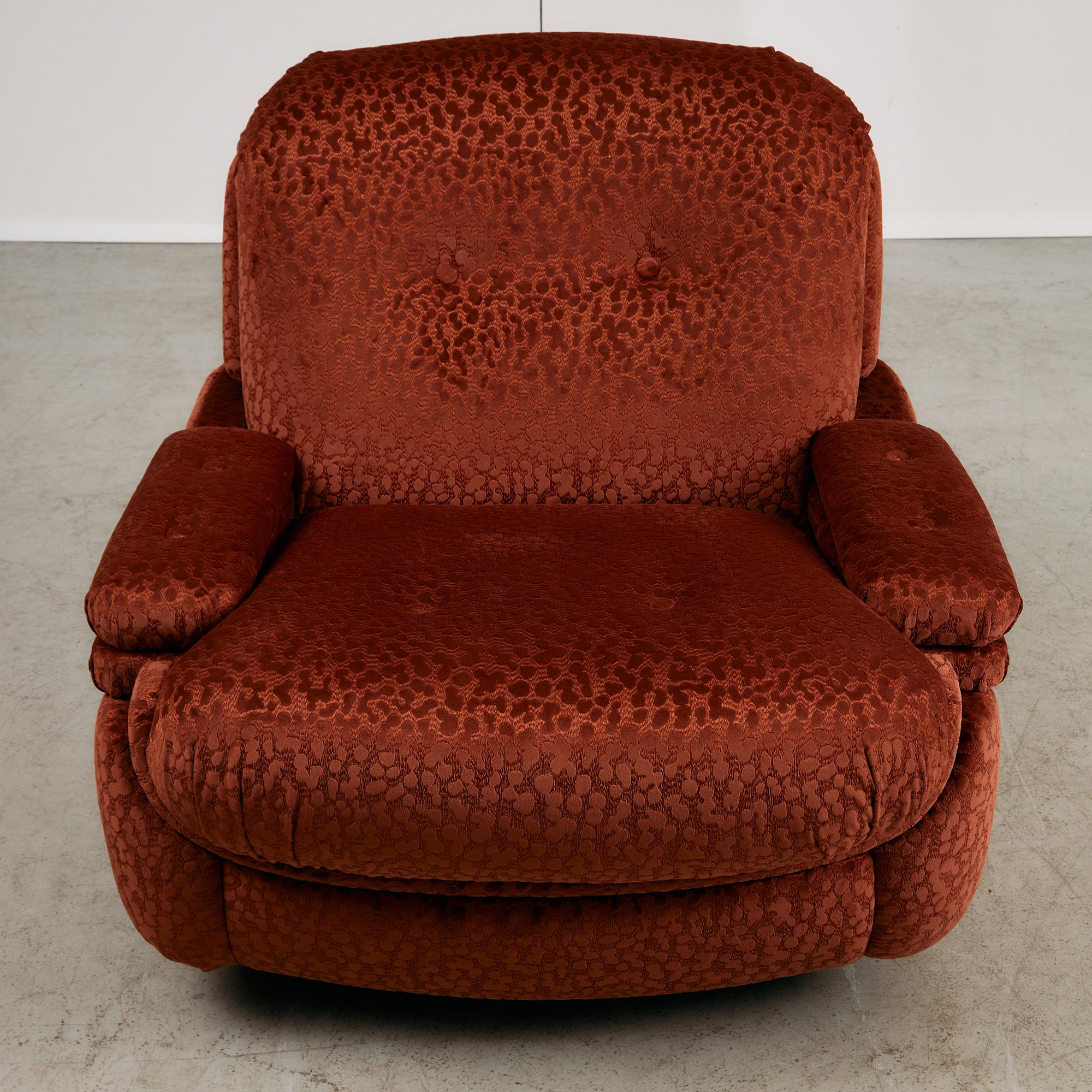 Italian Velvet Armchair with Rounded Wooden Legs, 1970s