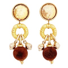 Vintage Velvet Ball Dangle Statement Earrings, 1980s