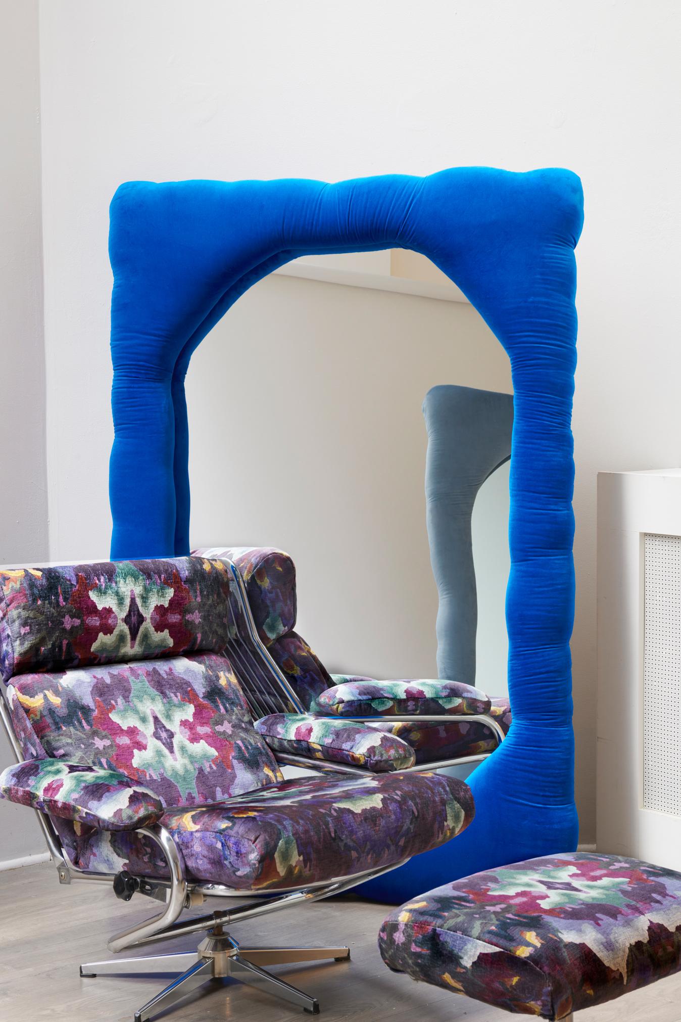 Contemporary Velvet Biomorphic Mirror in Cobalt Blue by Brandi Howe, REP by Tuleste Factory For Sale