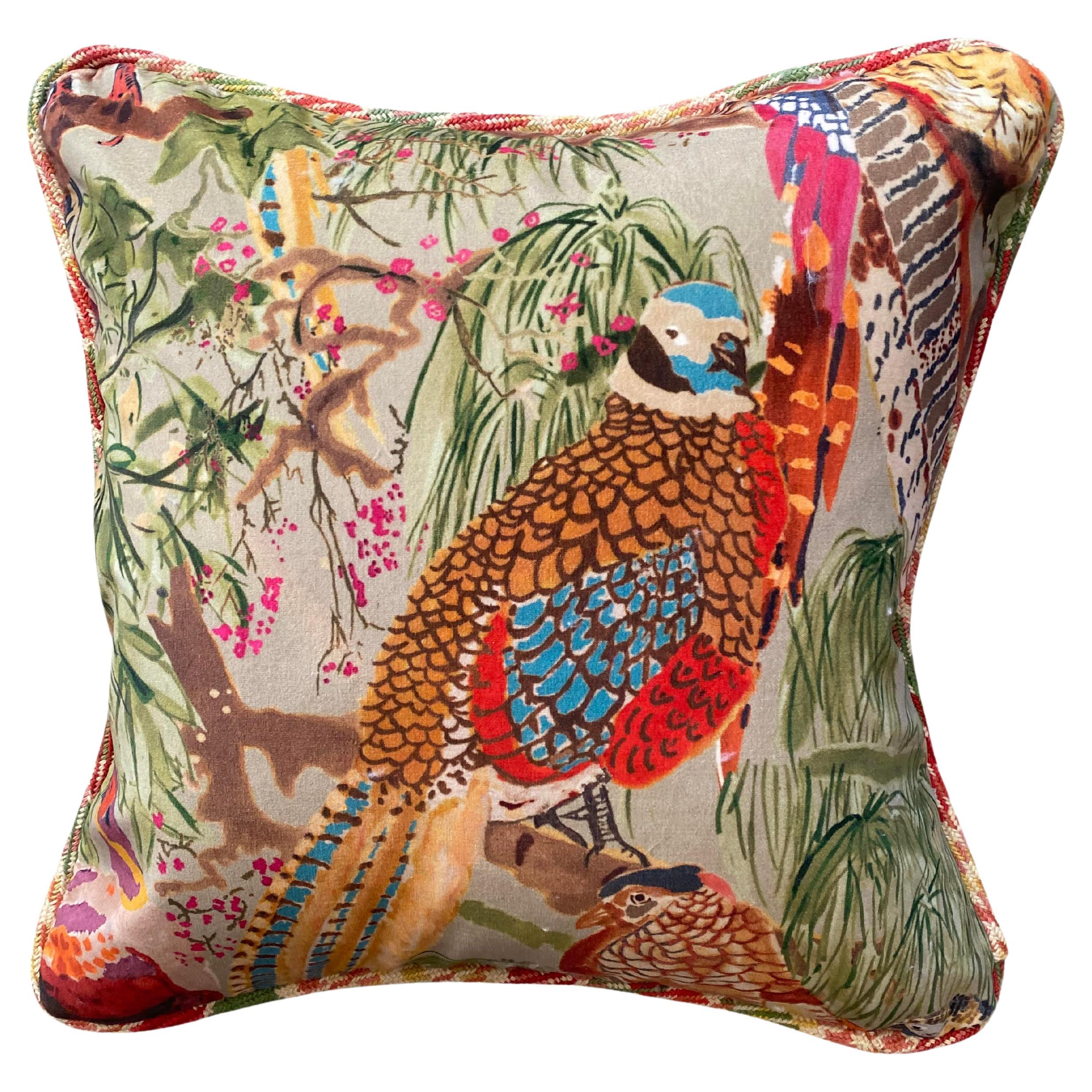 Velvet Bird Pillows with Fall Landscape and Plaid Trim with Deep Orange Wool