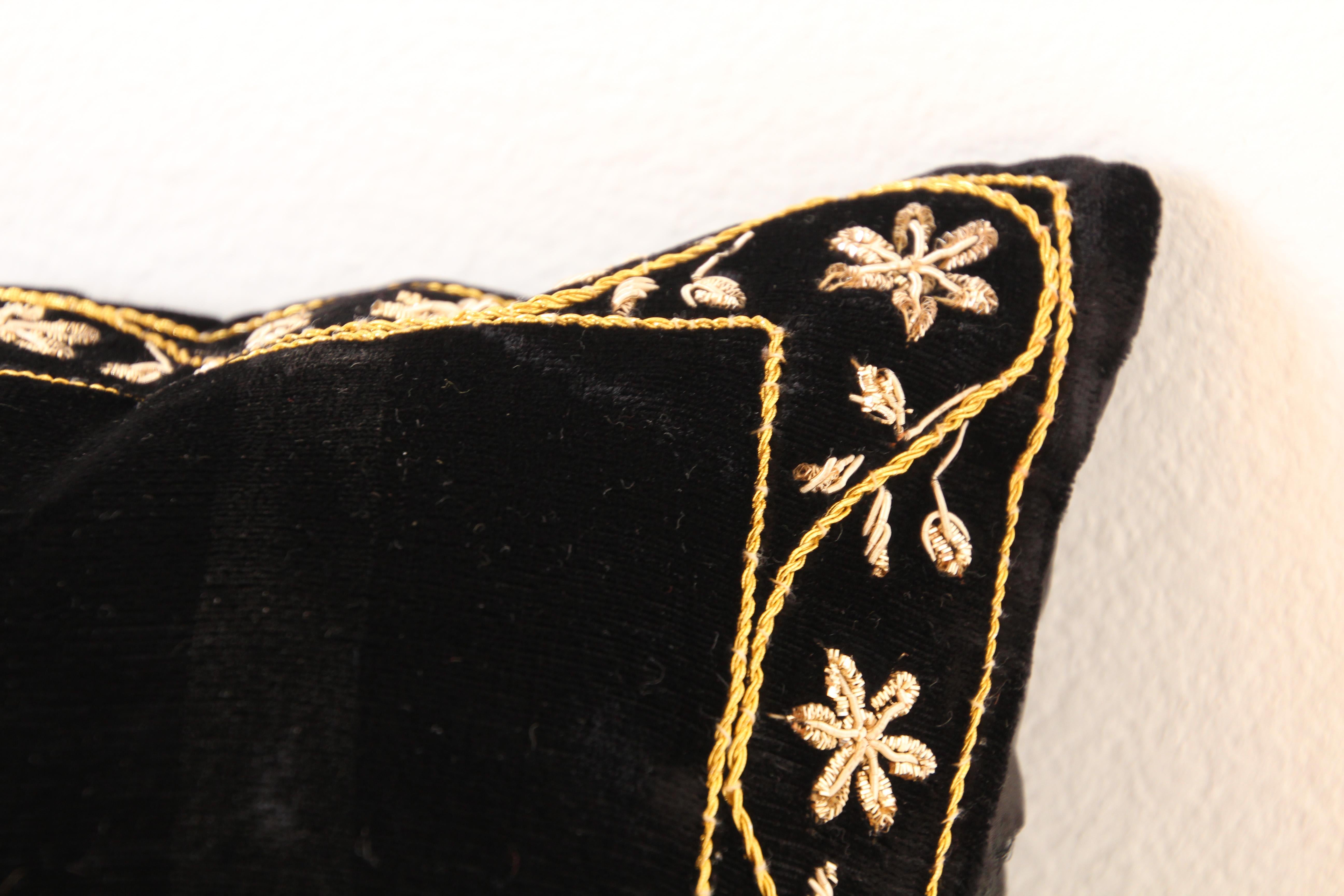 Velvet Black Silk Throw Pillow Embroidered with Gold Design 4