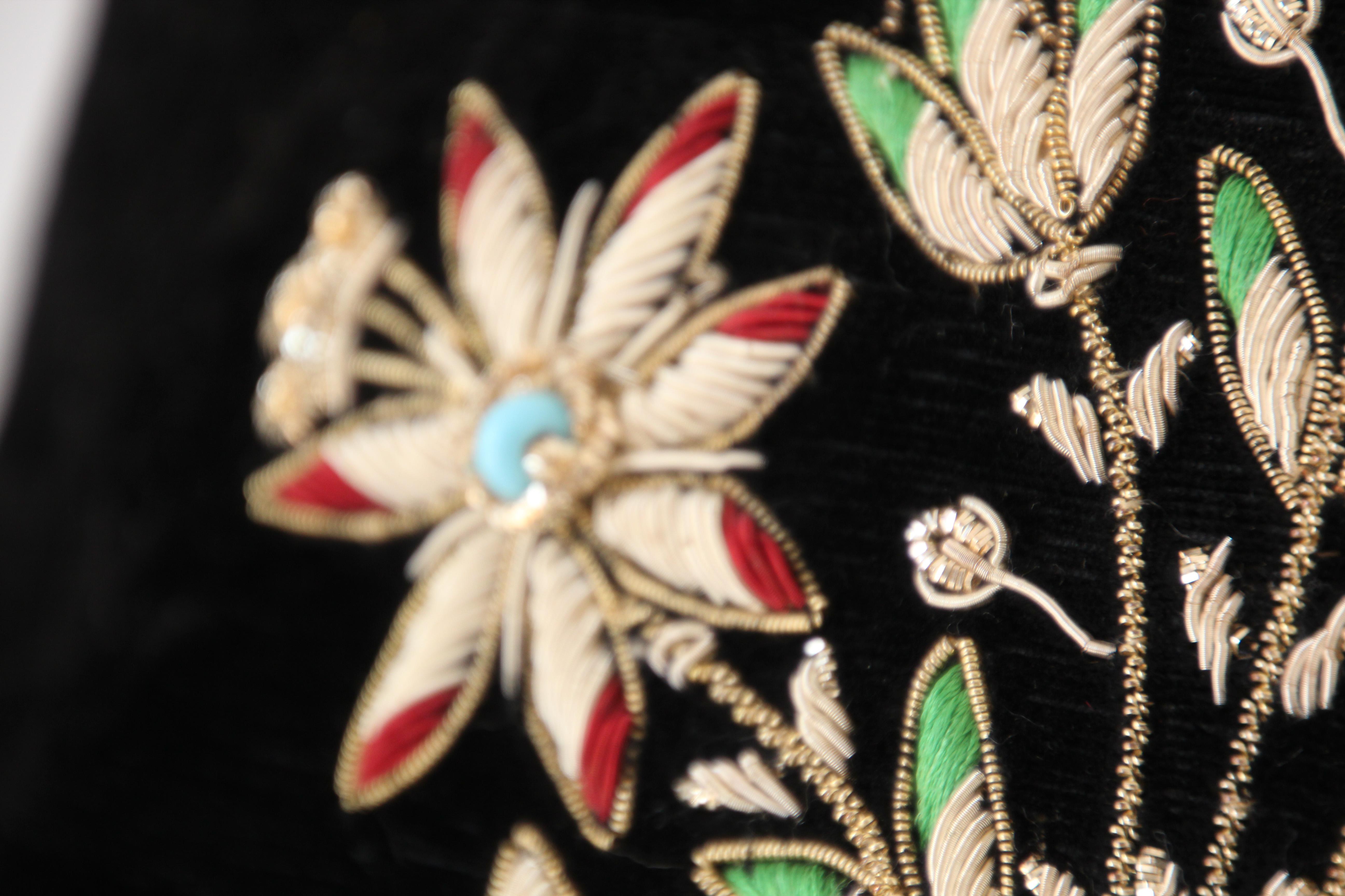 Velvet Black Silk Throw Pillow Embroidered with Gold Design 8
