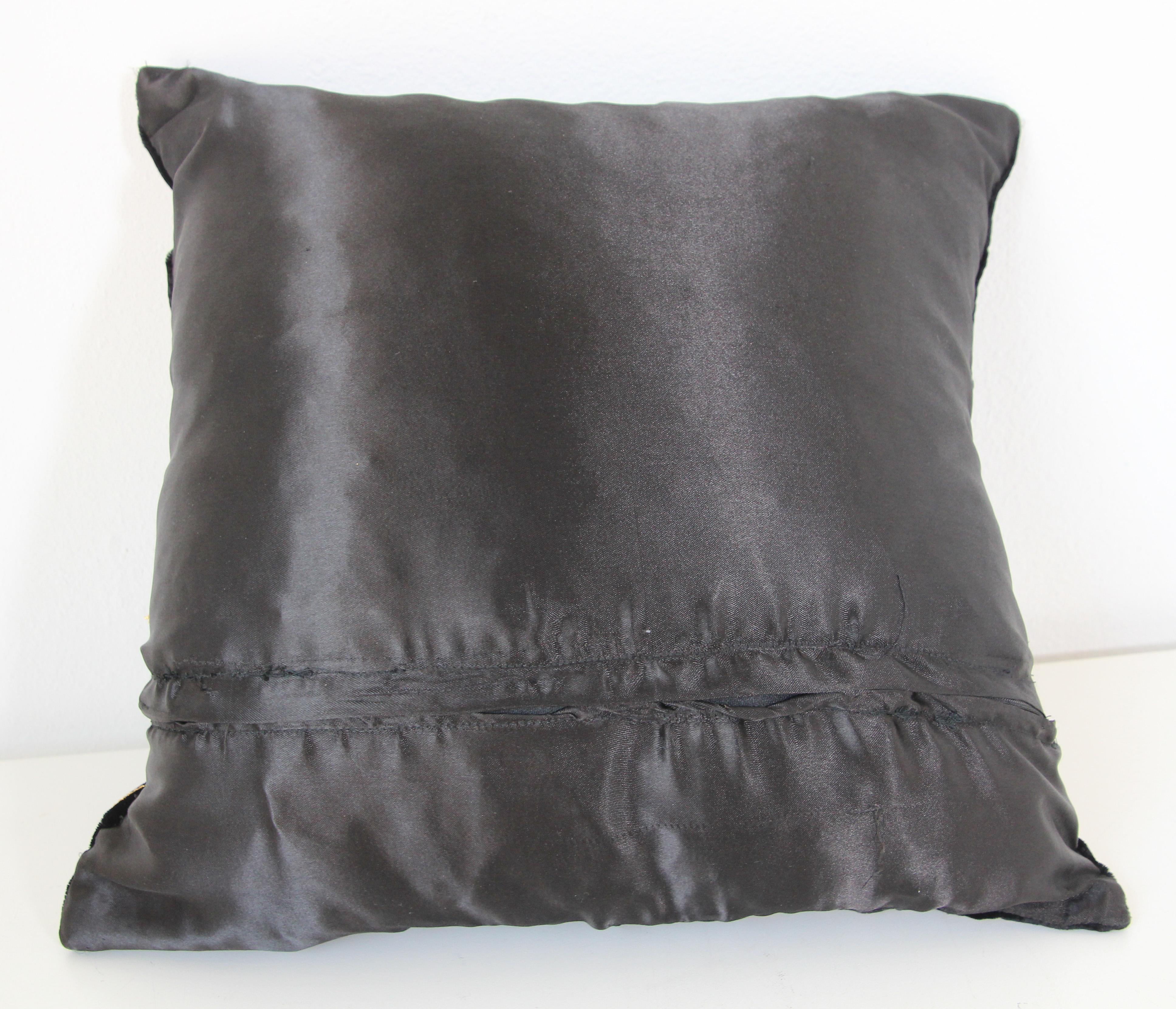 Velvet Black Silk Throw Pillow Embroidered with Gold Design 9