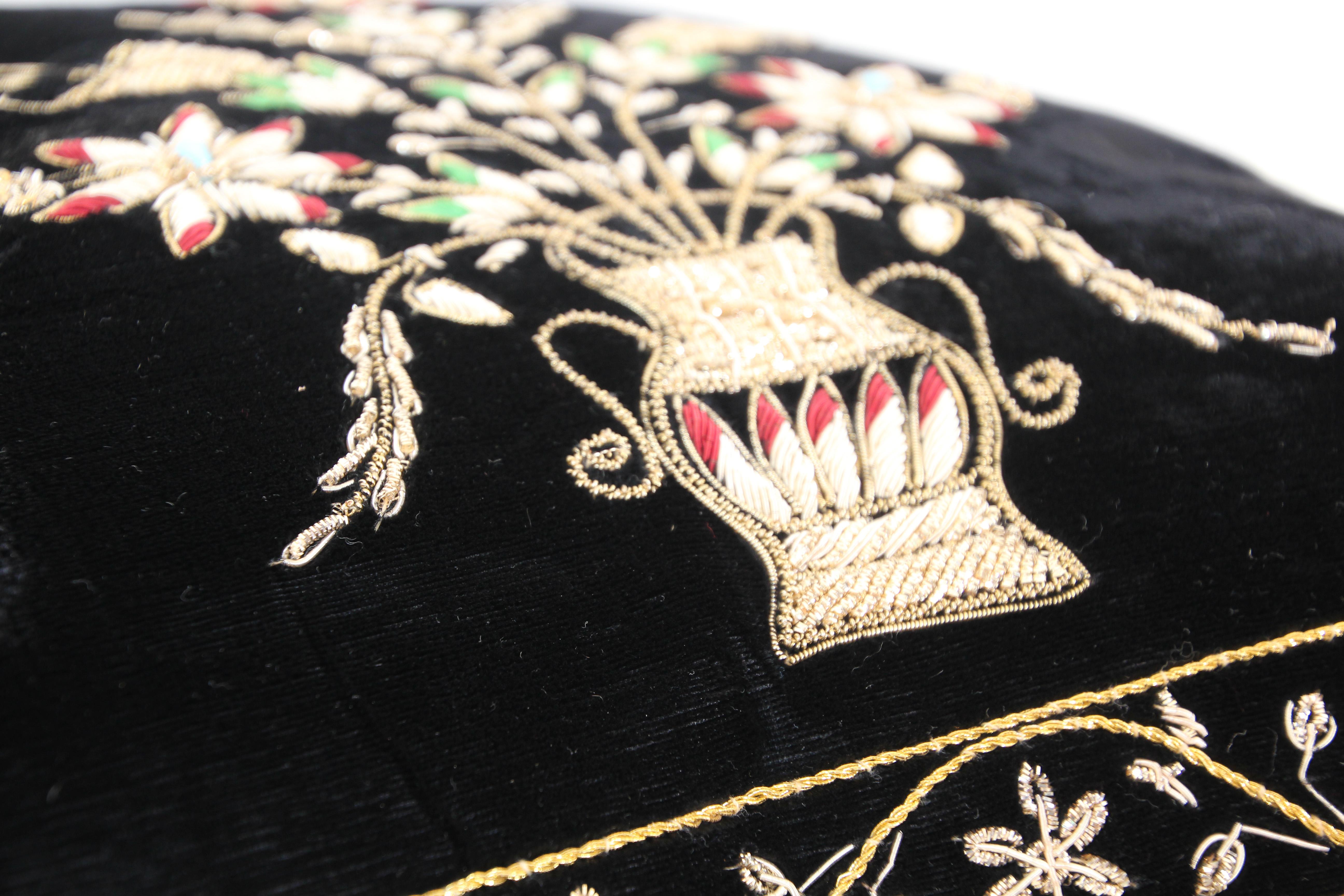 Anglo Raj Velvet Black Silk Throw Pillow Embroidered with Gold Design