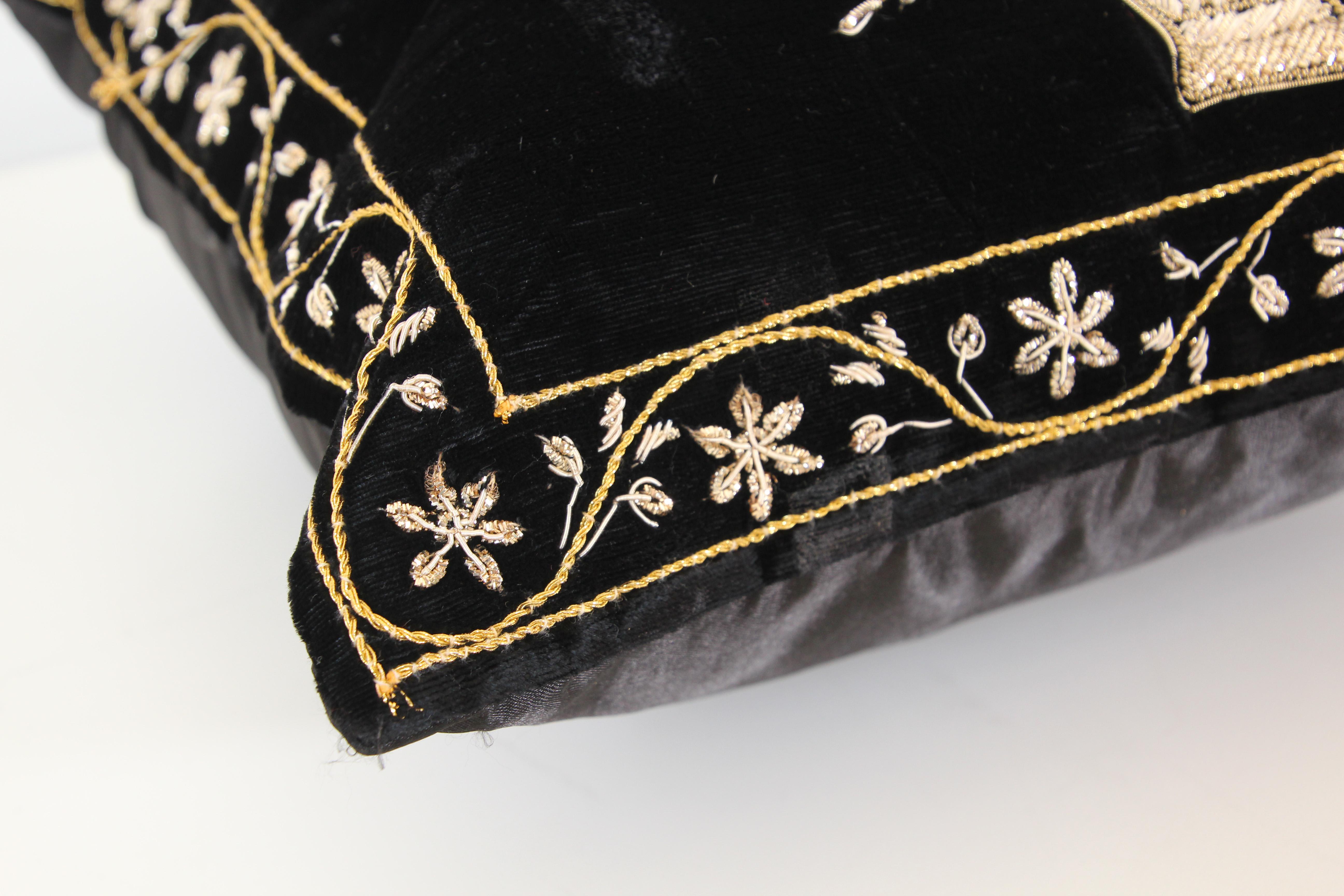 Indian Velvet Black Silk Throw Pillow Embroidered with Gold Design