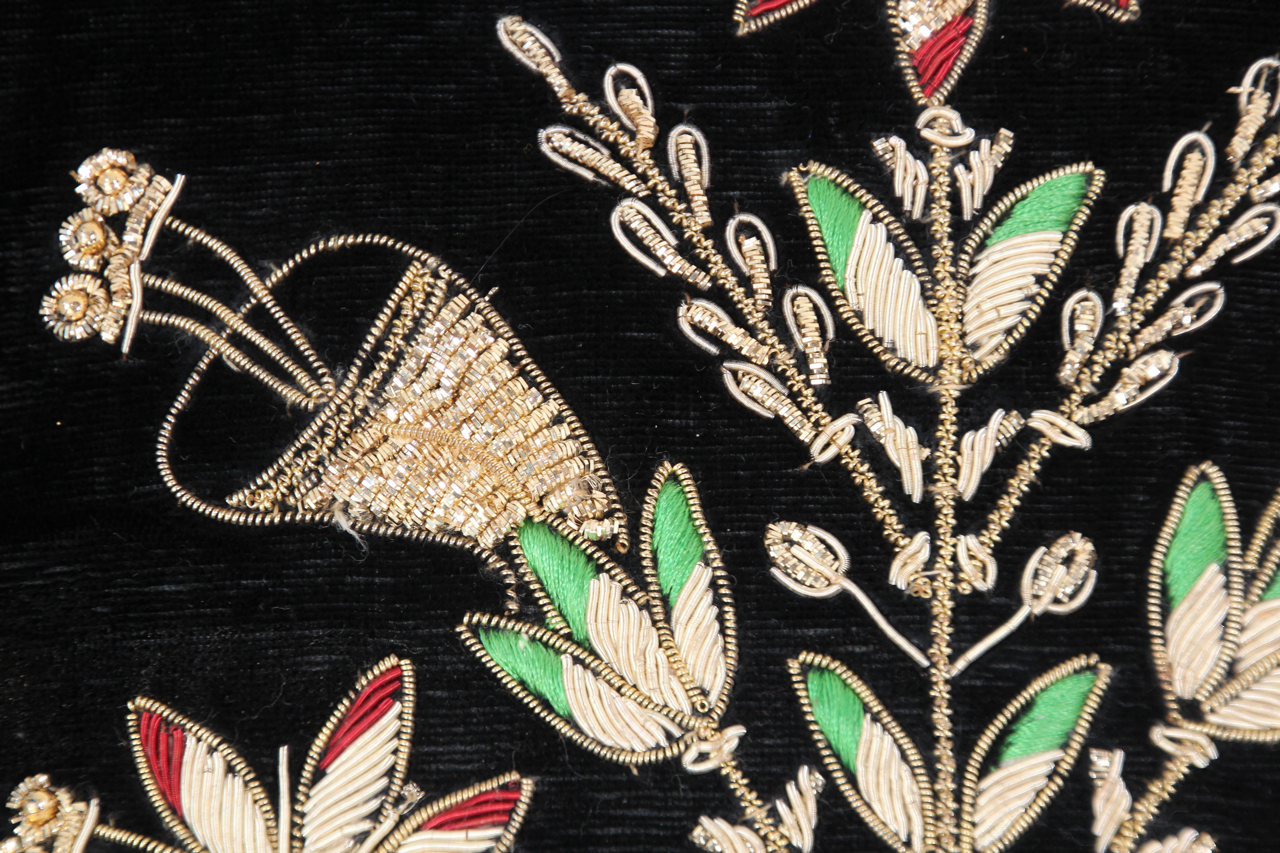 Velvet Black Silk Throw Pillow Embroidered with Gold Design 1