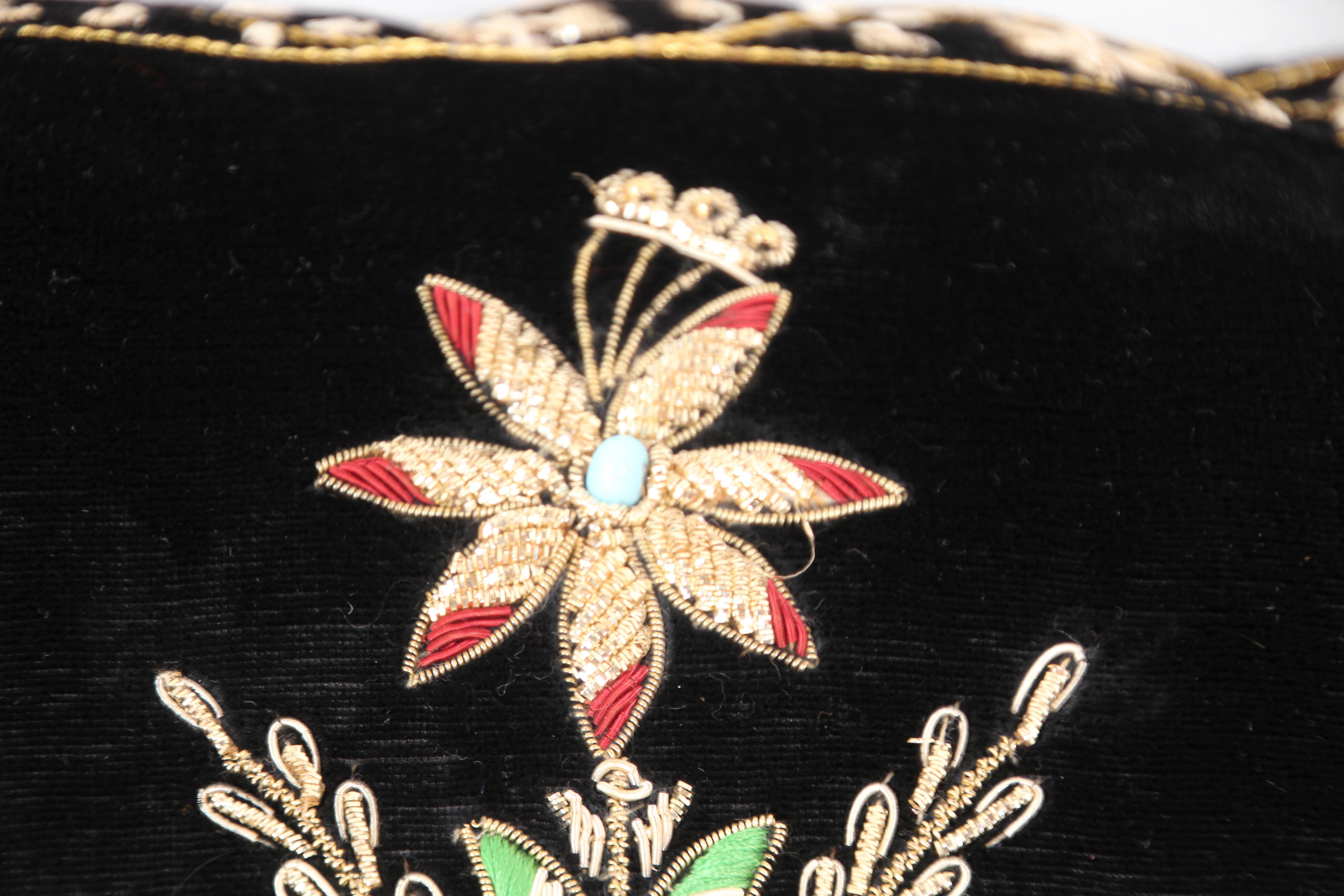 Velvet Black Silk Throw Pillow Embroidered with Gold Design 2