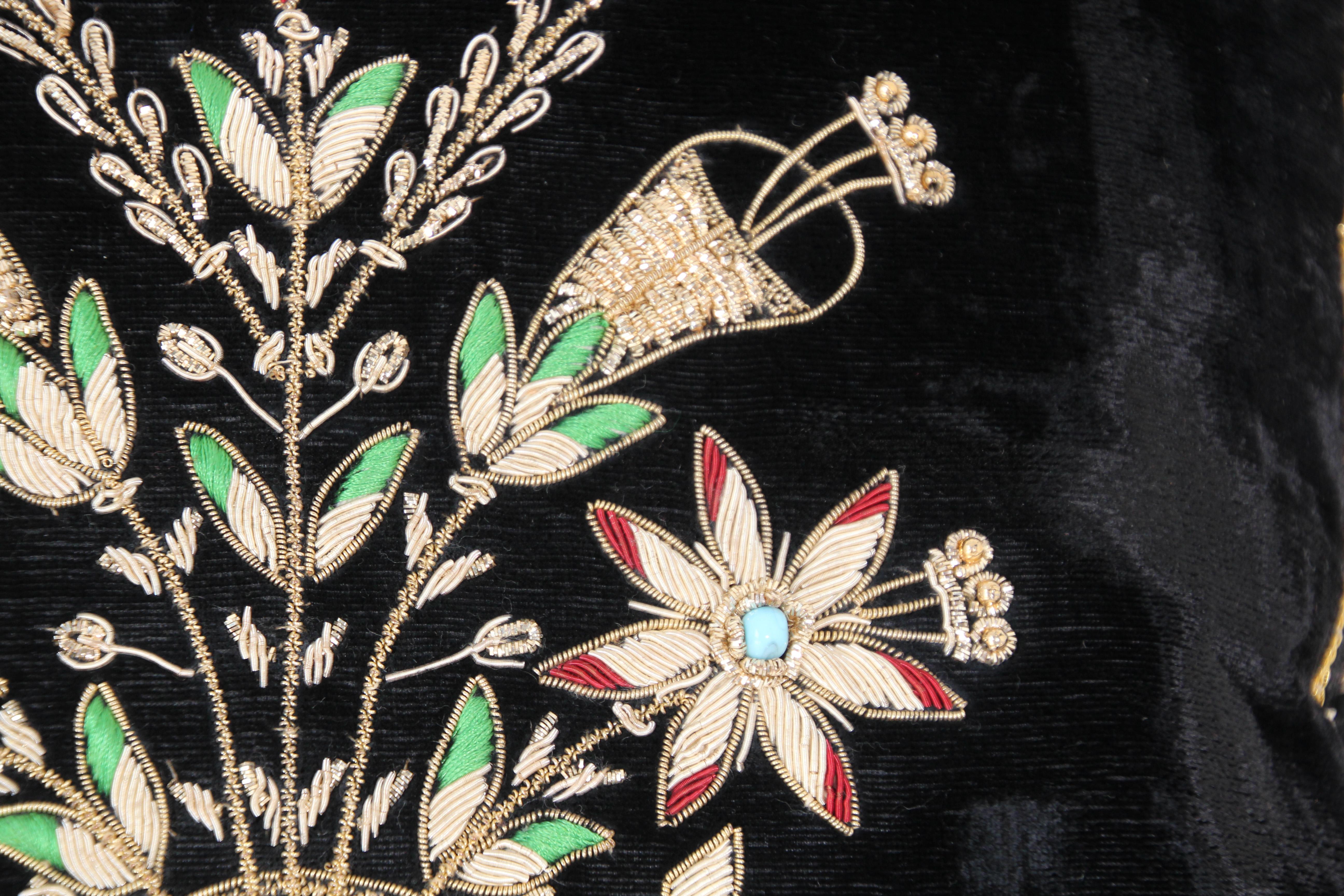 Velvet Black Silk Throw Pillow Embroidered with Gold Design 3