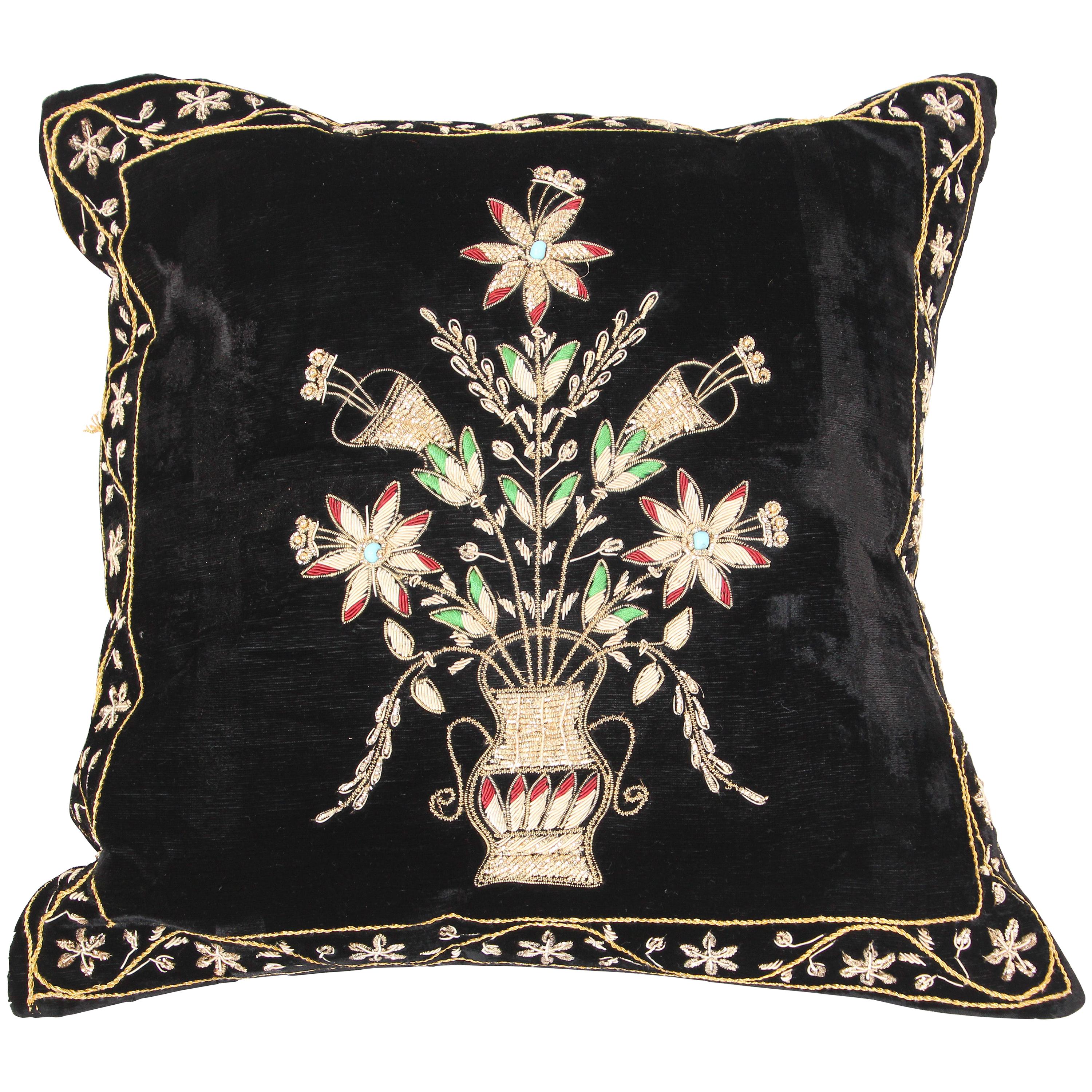 Velvet Black Silk Throw Pillow Embroidered with Gold Design