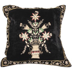 Velvet Black Silk Throw Pillow Embroidered with Gold Design