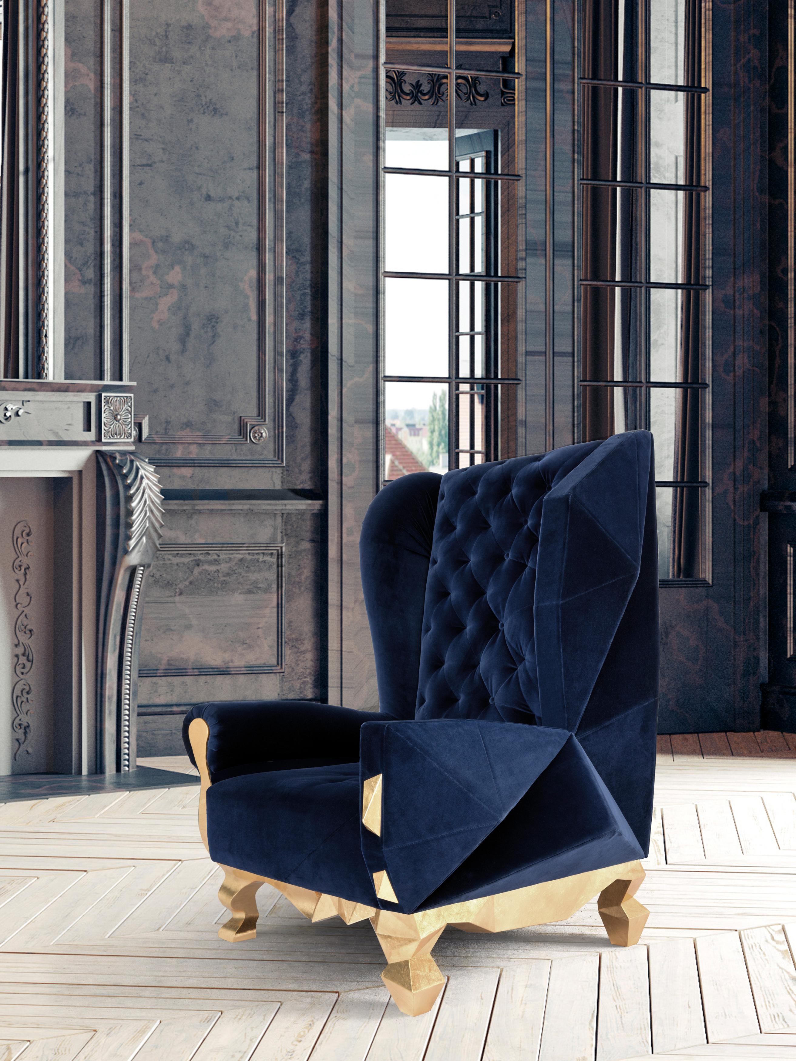 Velvet Blue Rockchair by Royal Stranger
Dimensions: Width 98cm, height 135cm, depth 99cm
Different upholstery colors and finishes are available. Brass, copper or stainless steel in polished or brushed finish.
Materials: velvet on the top of the gold