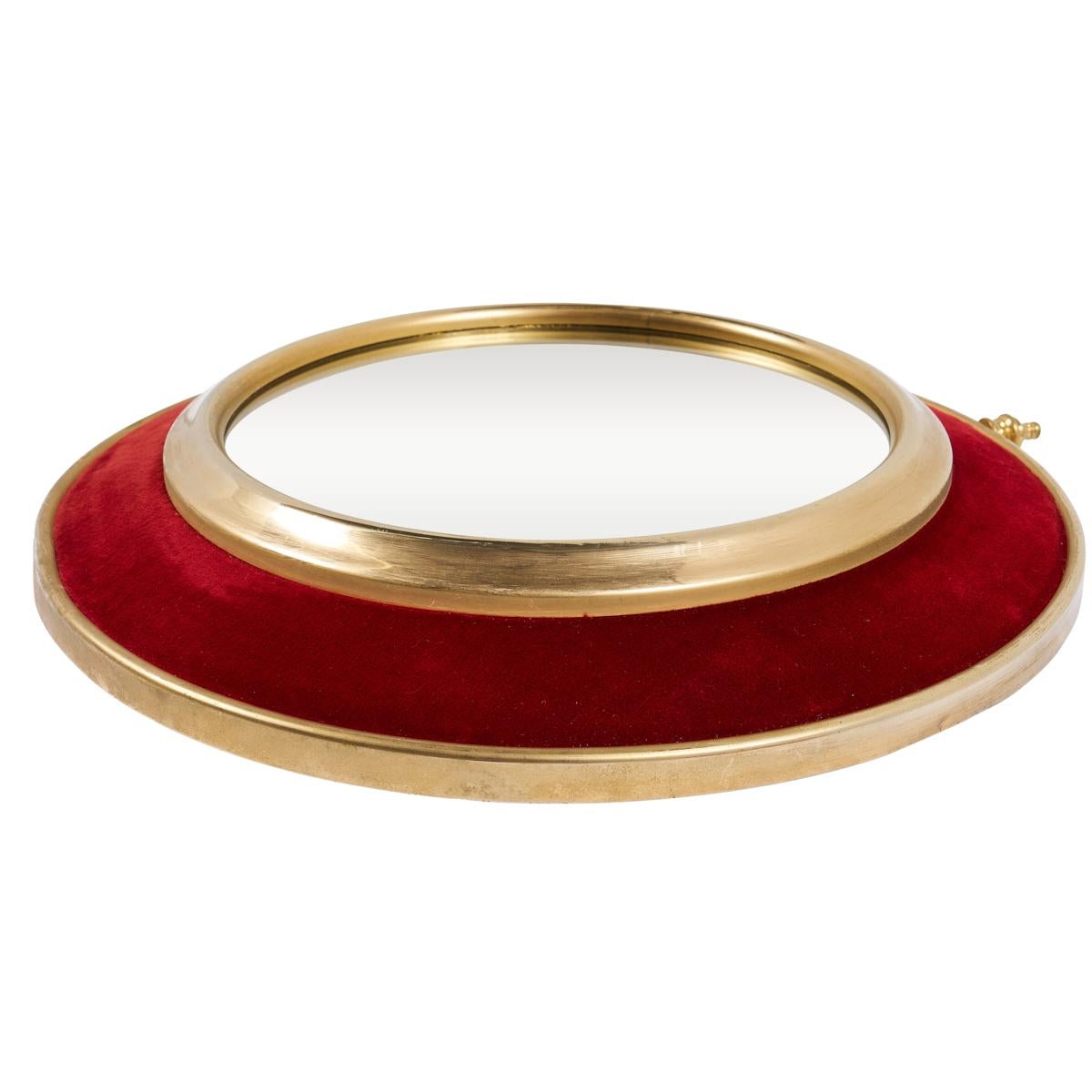 French Velvet & Brass Round Wall Mirror For Sale